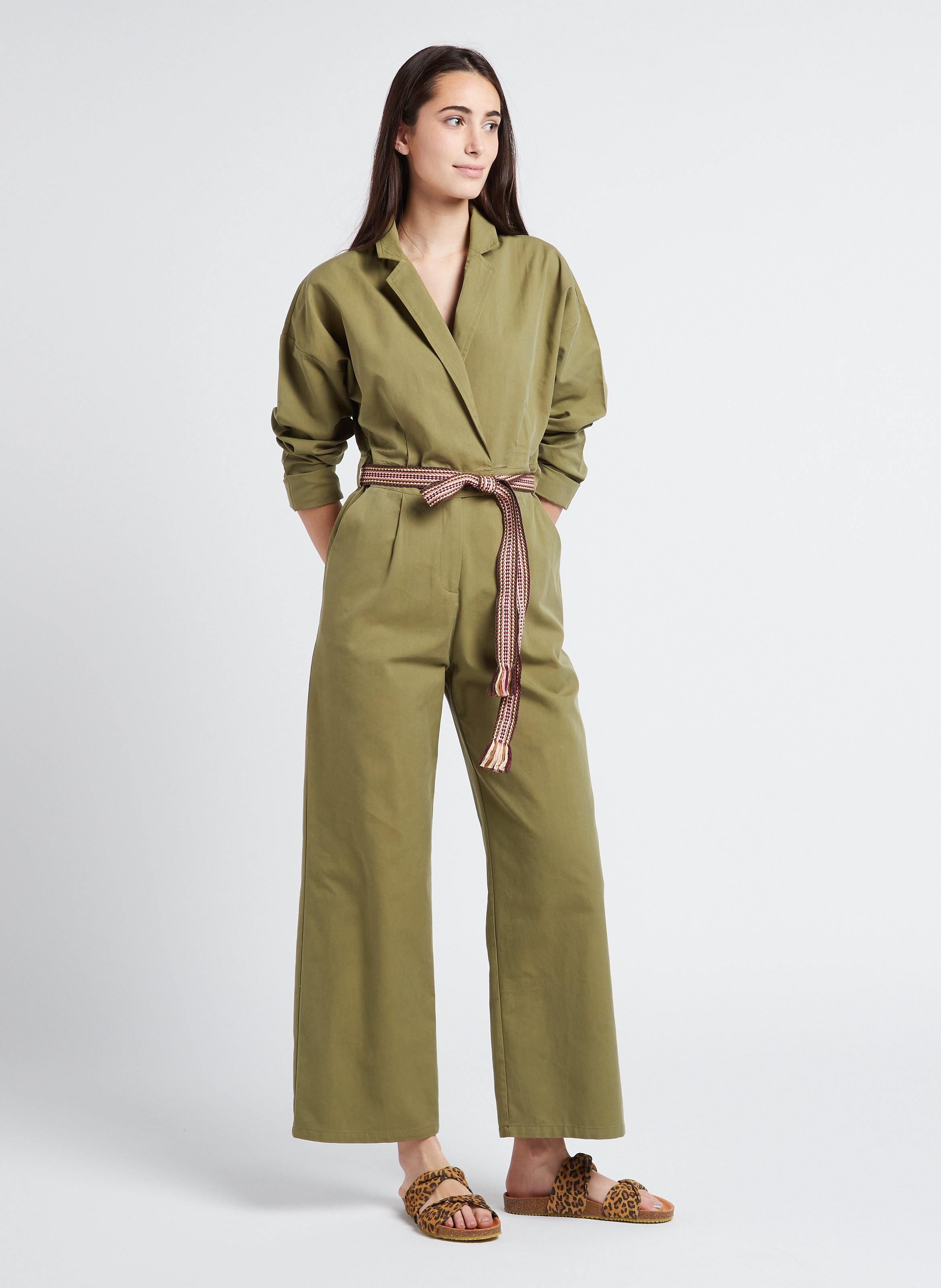 Combinaison ceinturée à col tailleur en coton mélangé LA PETITE ETOILE Kaki