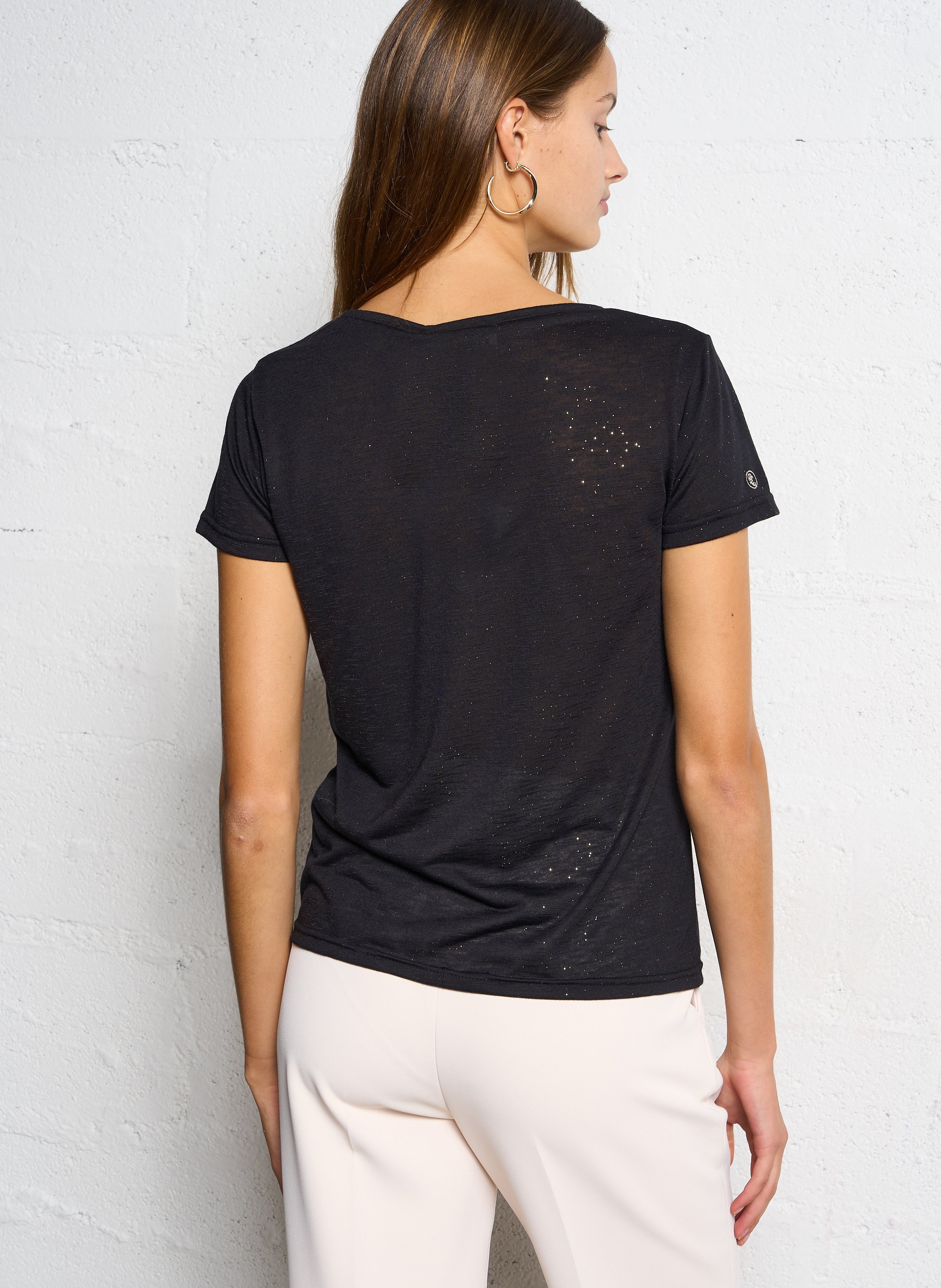Tee-shirt col V droit pailleté LA PETITE ETOILE Noir