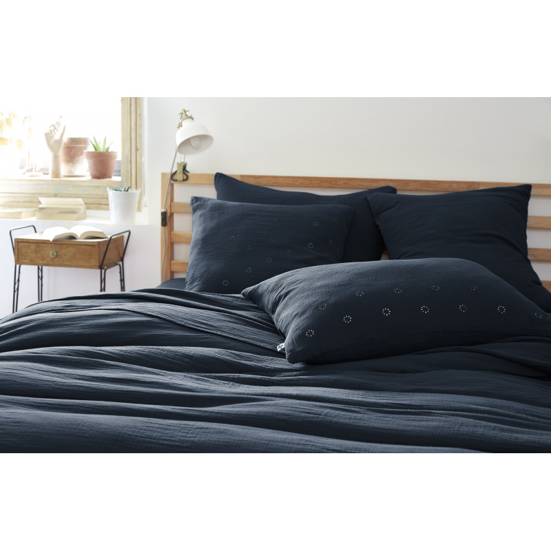 Cotton percale pillow case L'EFFET PAPILLON Blue