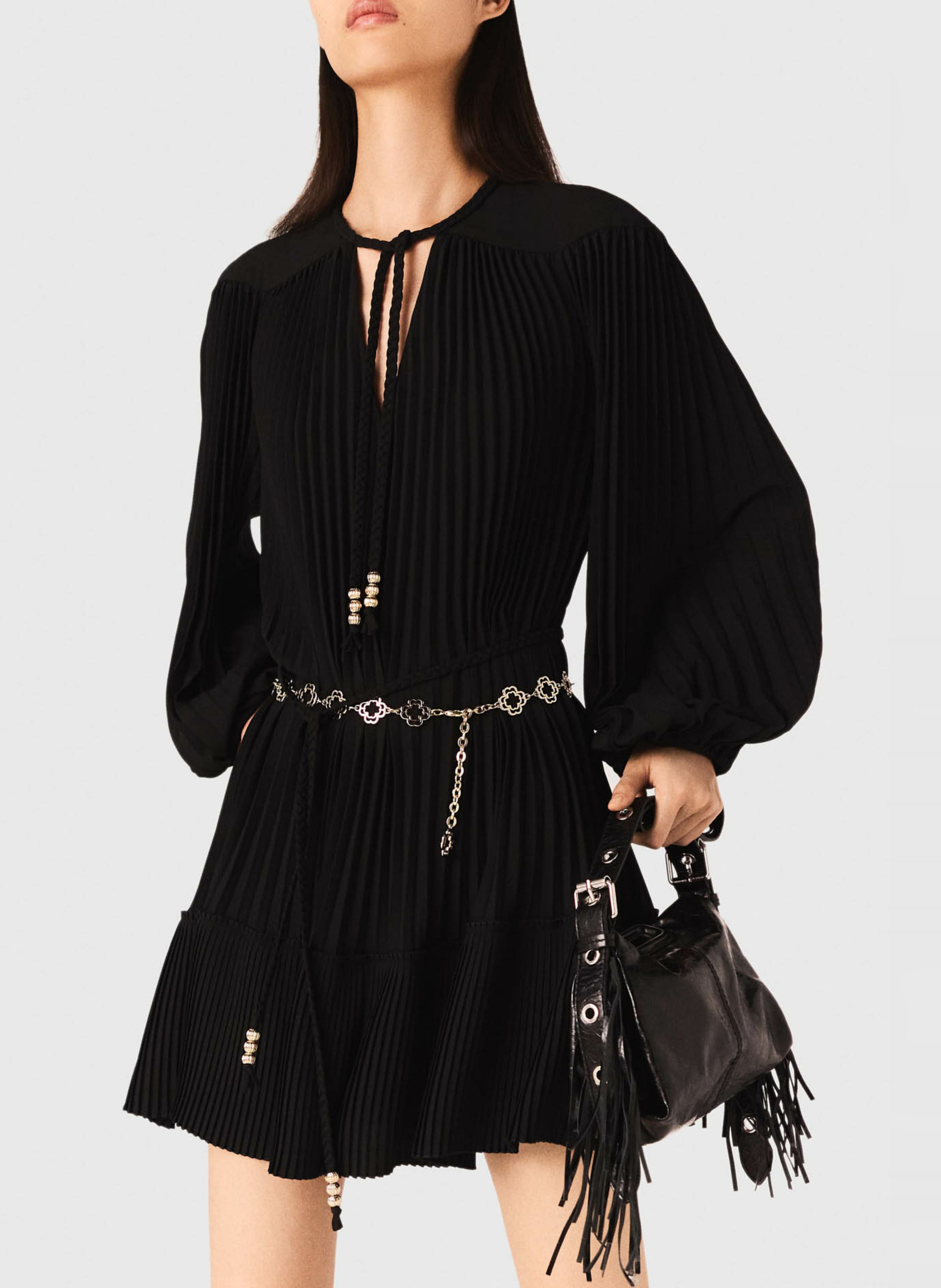 Robe courte col V plissée MAJE Noir