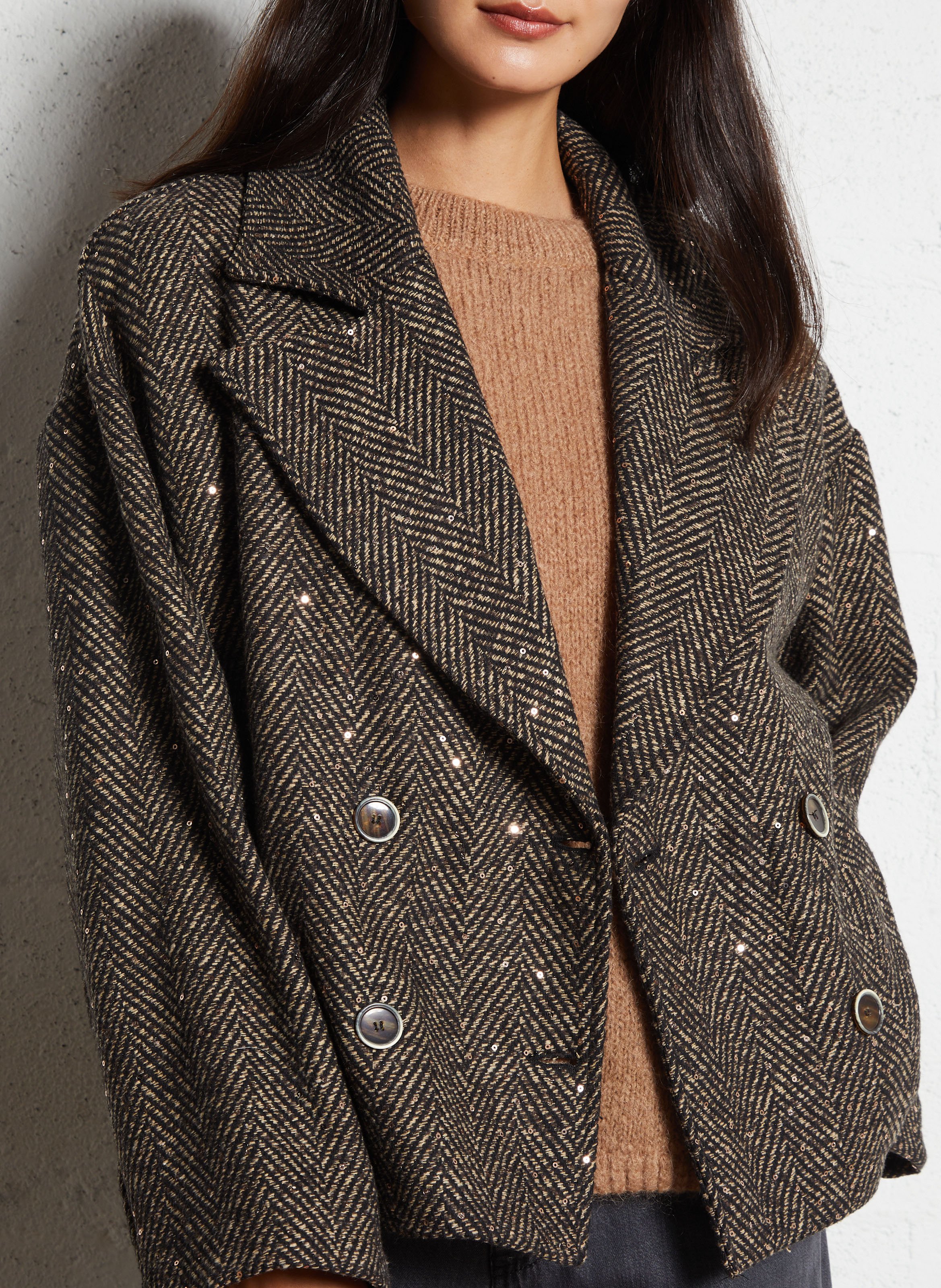 Short oversized sequin jacket PLEASE Brown