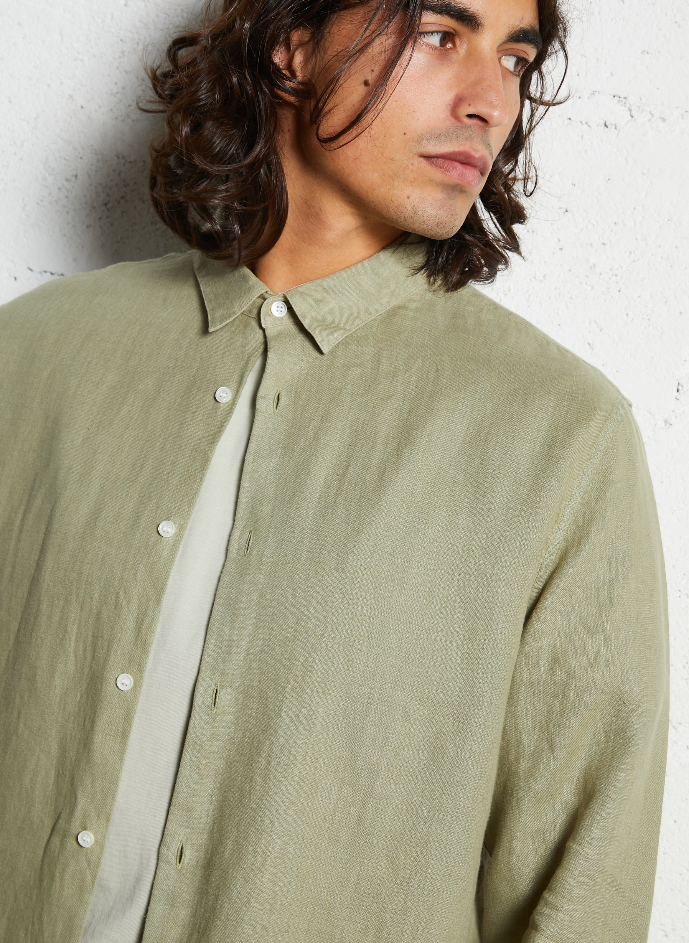 Chemise slim-fit col parisien en lin IKKS Vert