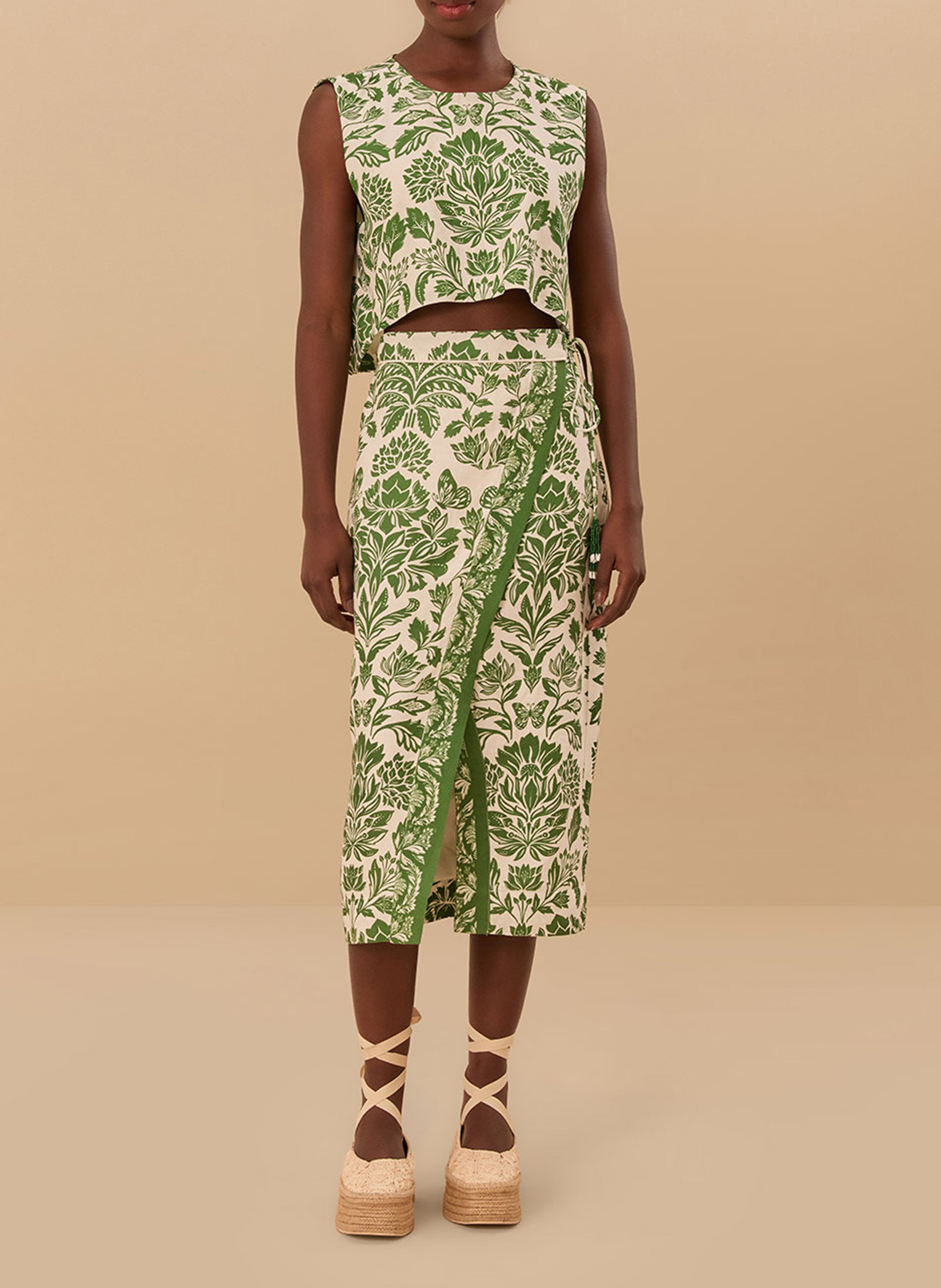 Jupe midi en lin mélangé imprimé FARM RIO Vert