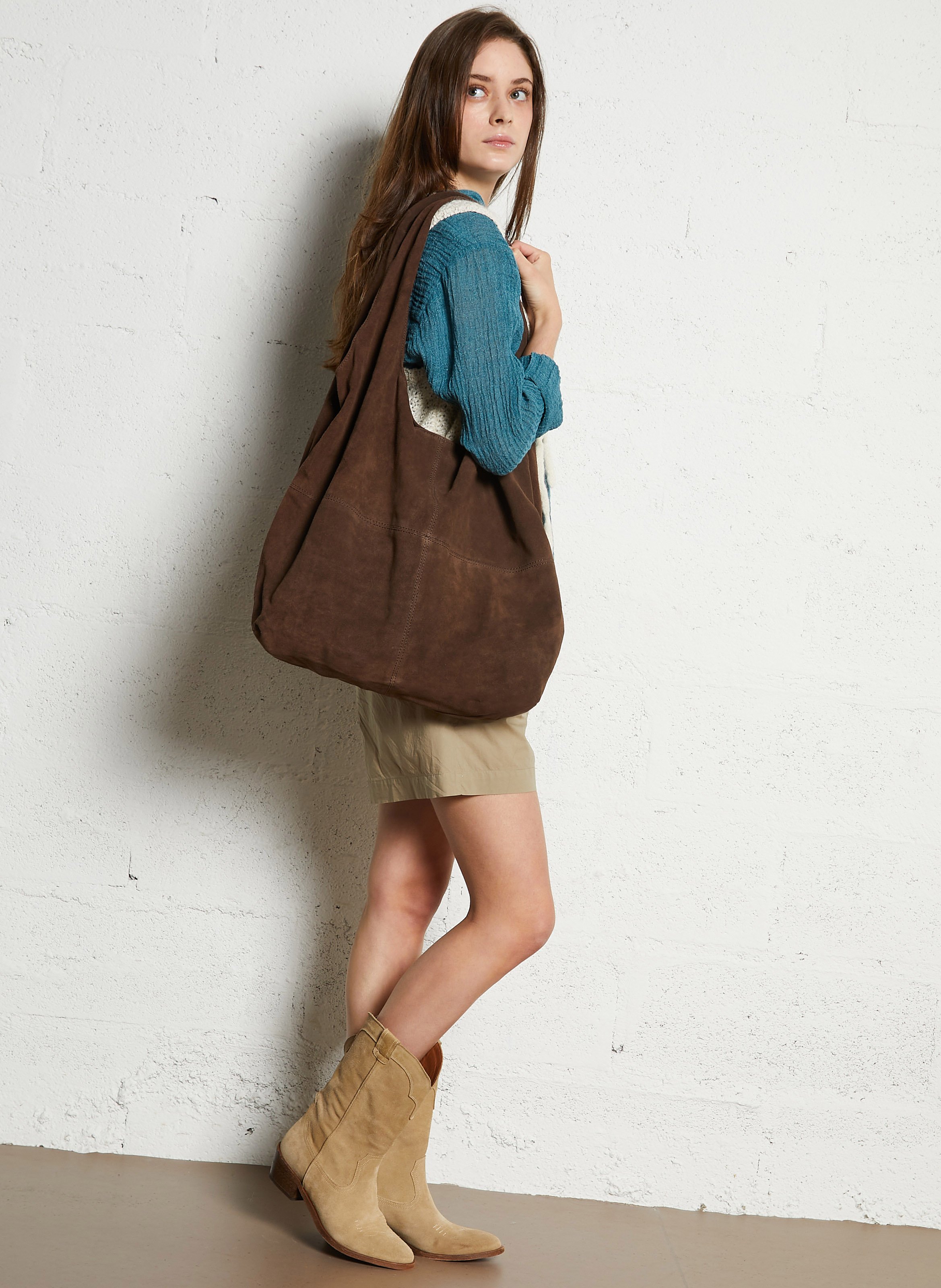 Geschnürte Beuteltasche aus strukturiertem Leder Braun