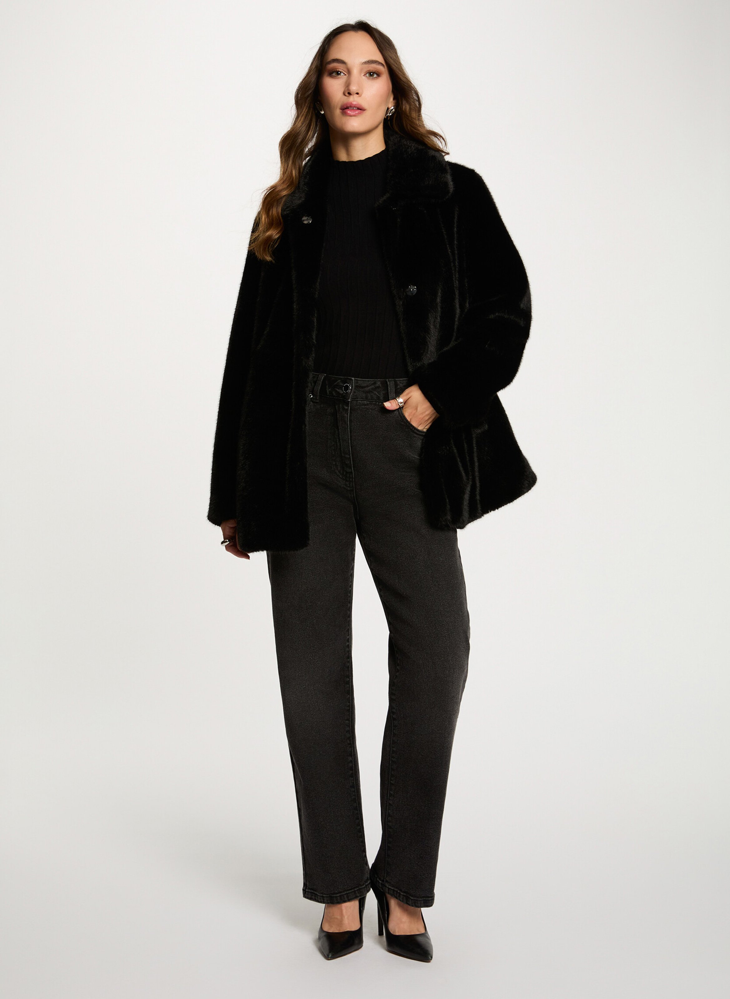 Manteau droit en fausse fourrure unie MORGAN Noir