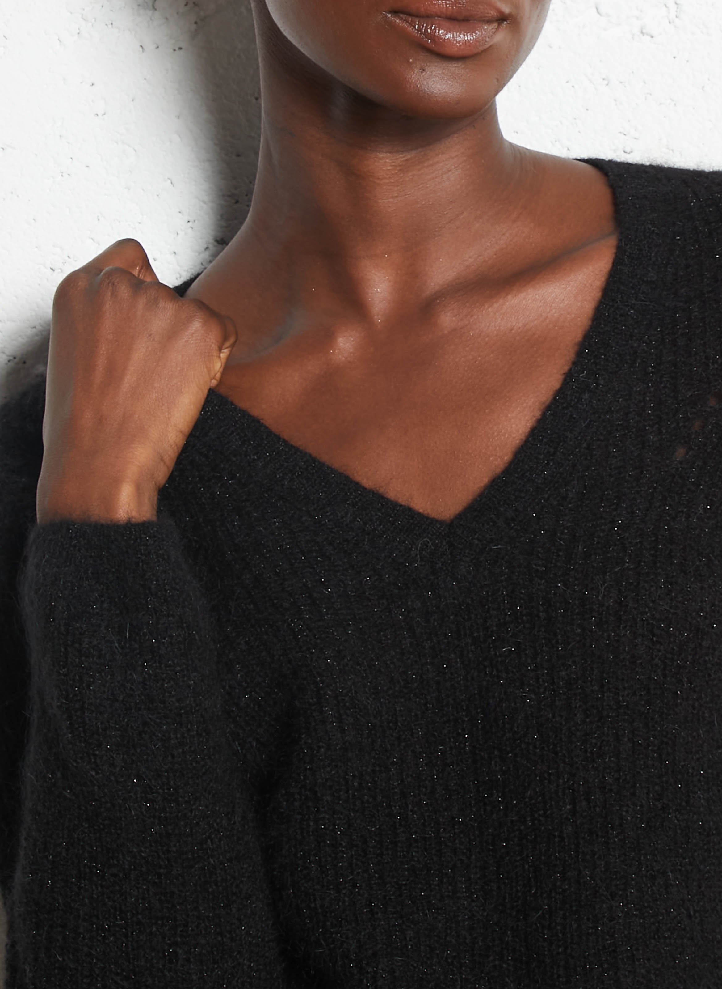 Pull droit col V métallisé en laine mélangée SUD EXPRESS Noir