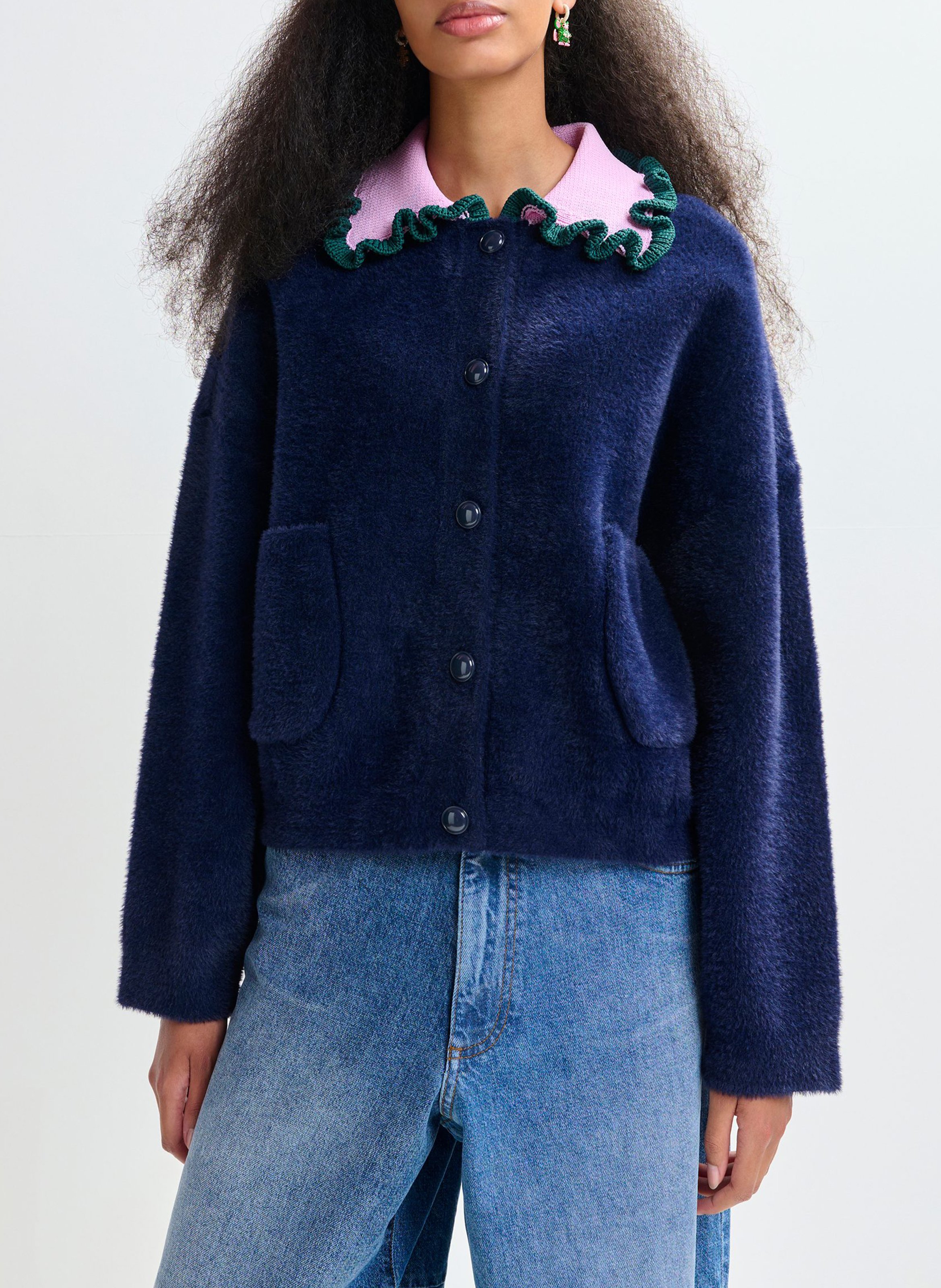 Cardigan droit col classique en maille ESSENTIEL ANTWERP Bleu