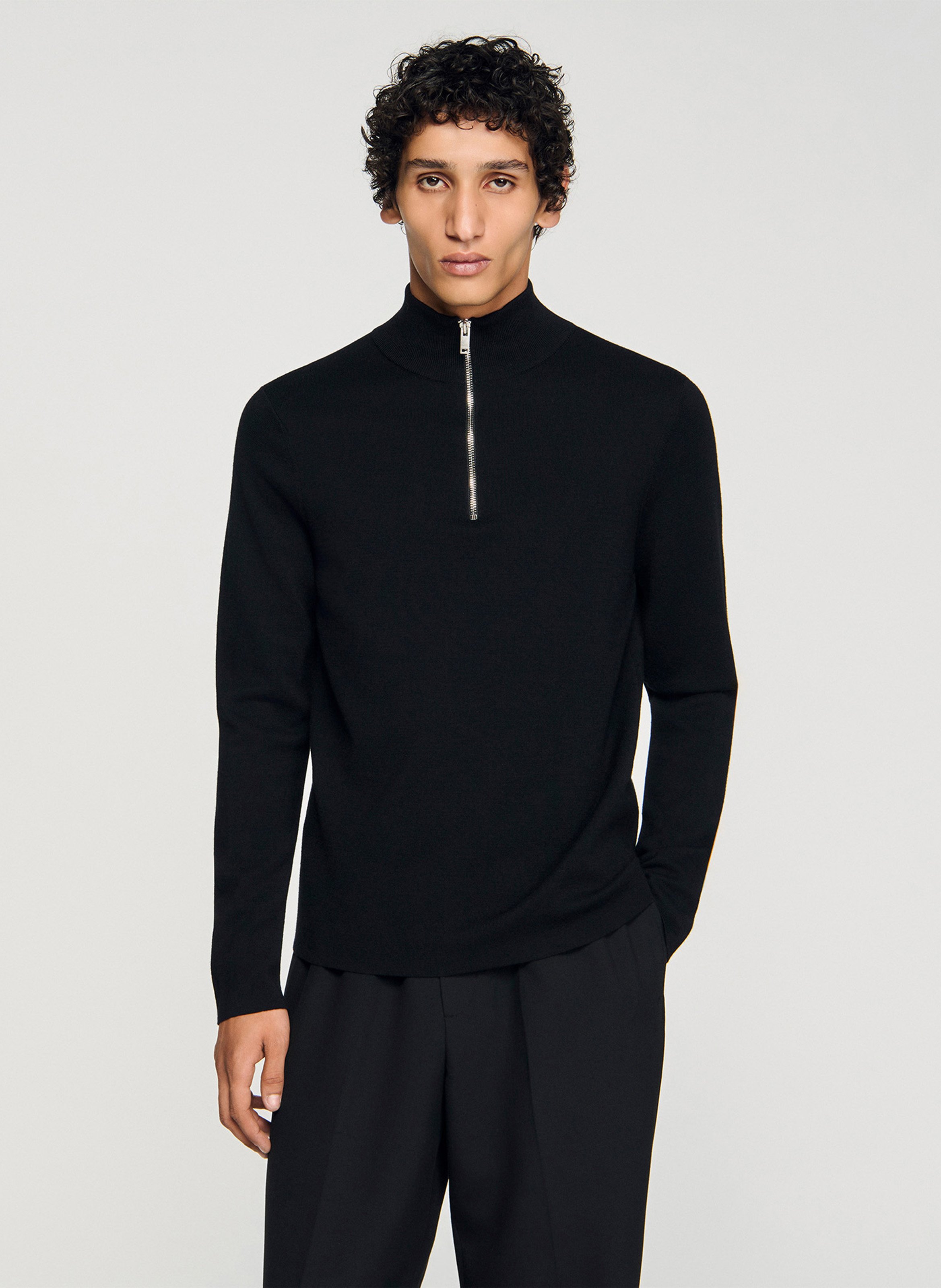 Pull col montant zippé en laine SANDRO Noir