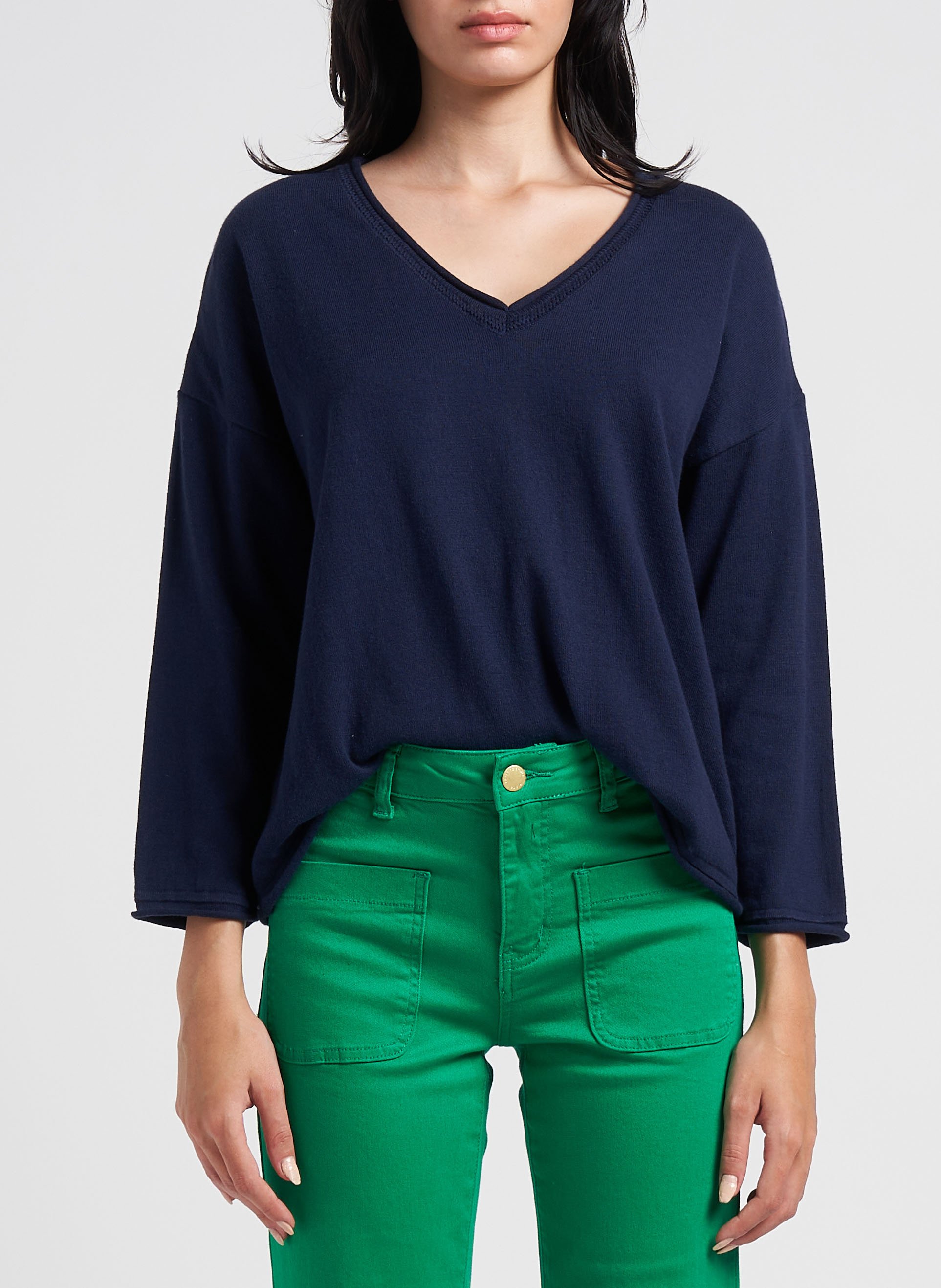 Pull col V évasé en coton ONE STEP Bleu