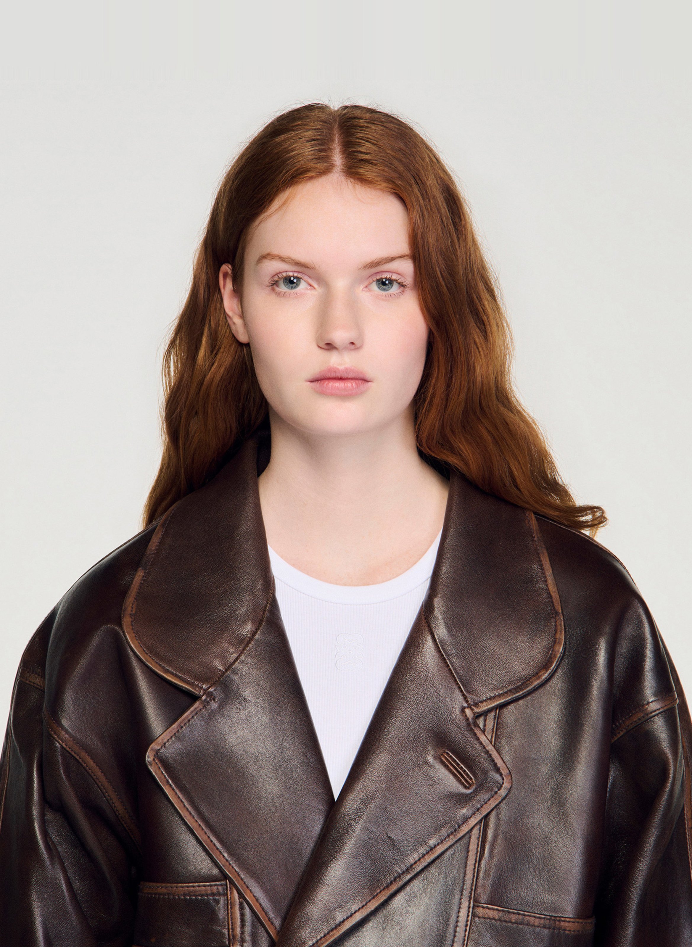 Veste col tailleur en cuir SANDRO Marron
