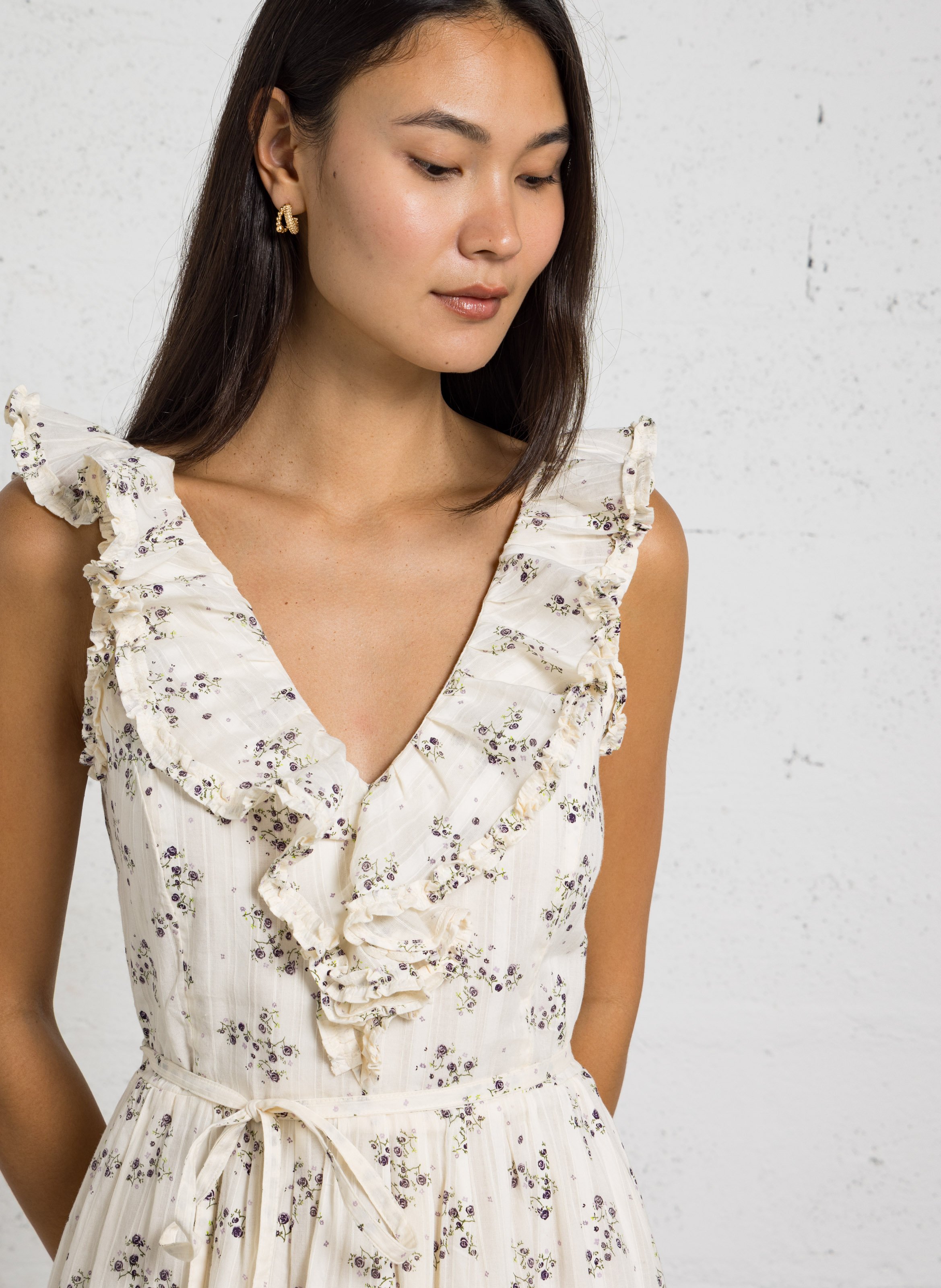 Robe longue à motif fleurs et détails volants IKKS Blanc
