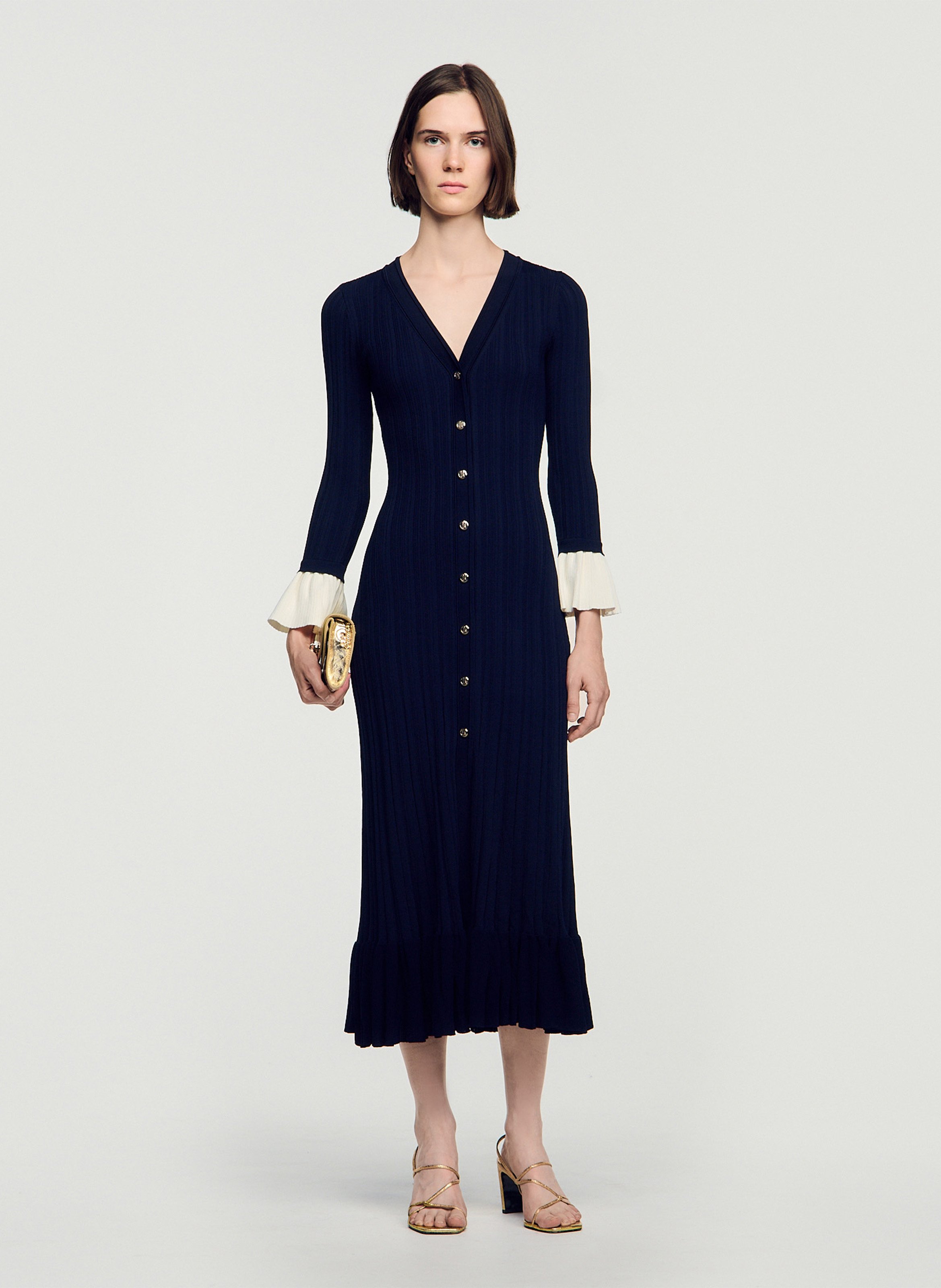 Robe longue moulante col V SANDRO Bleu