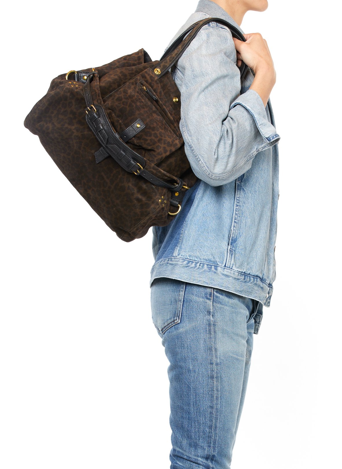 Sac cabas porté épaule en cuir à imprimé léopard JEROME DREYFUSS Kaki