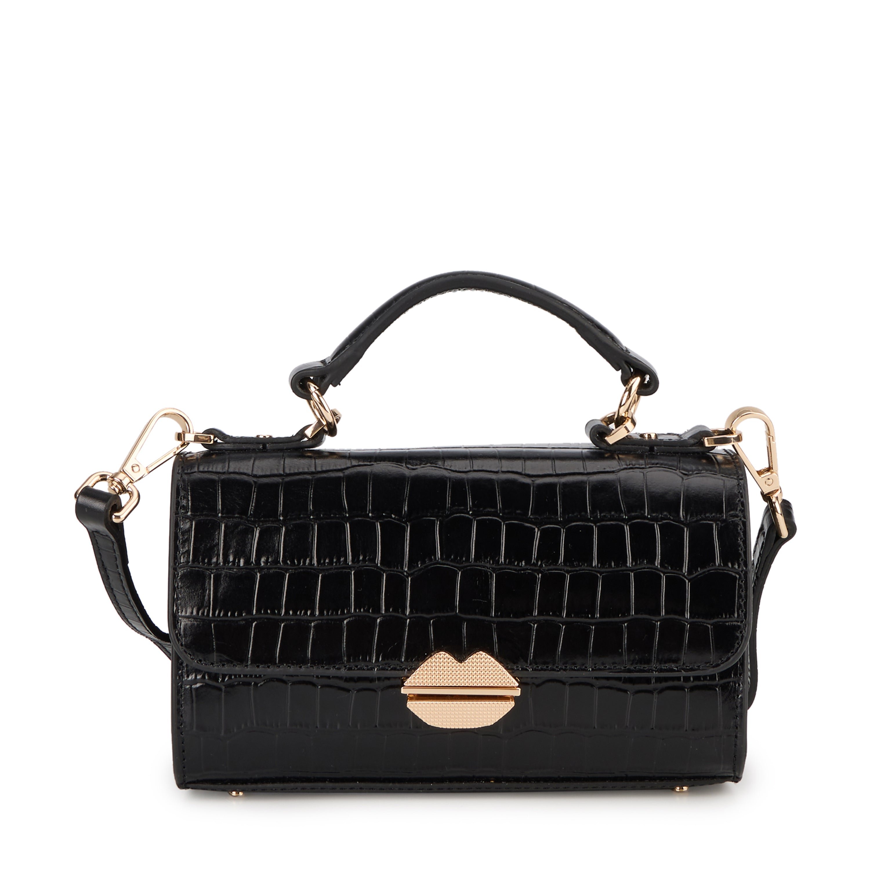 Small Croco Leather Satchel Bag BONS BAISERS PARIS Black