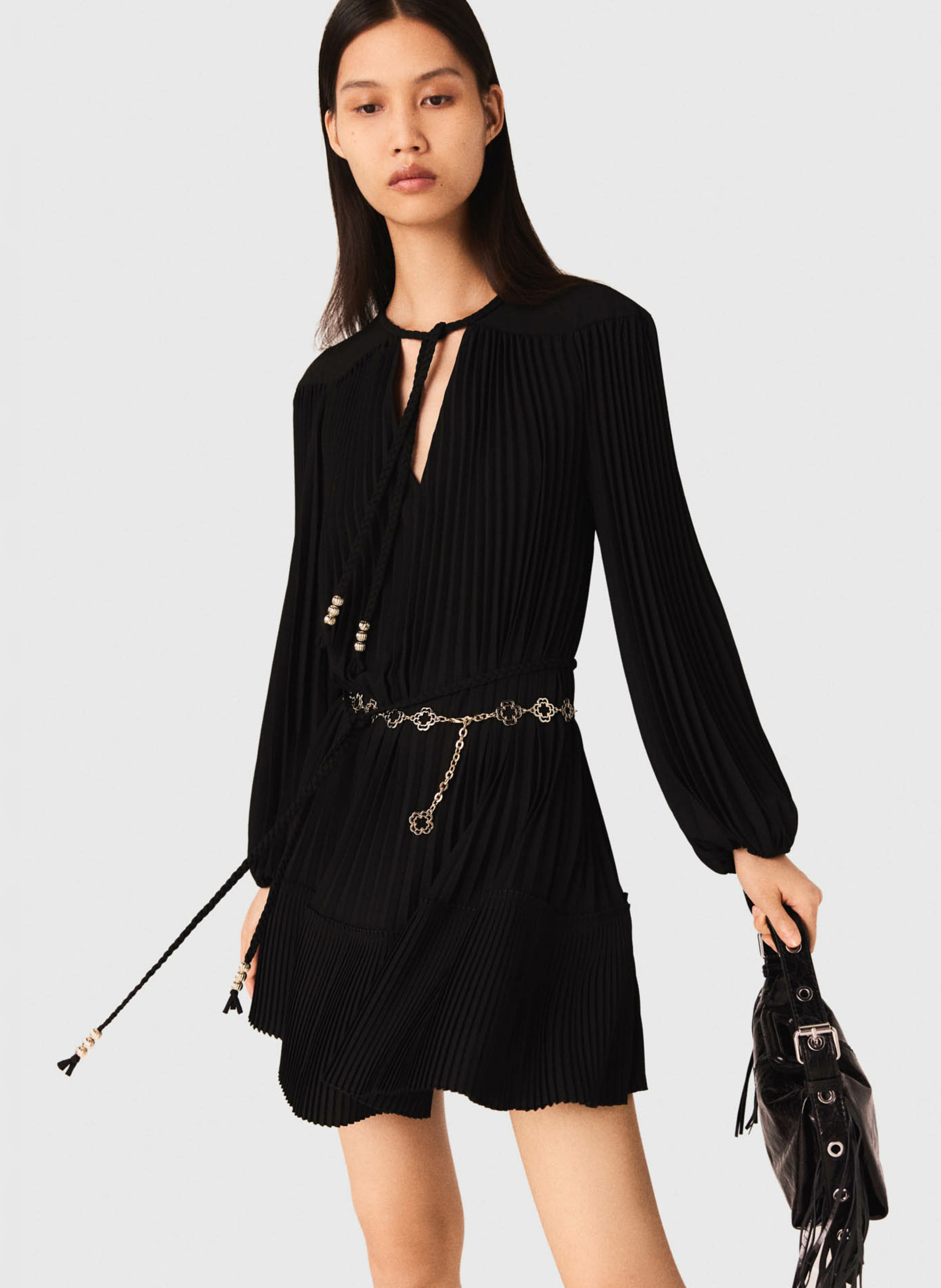 Robe courte col V plissée MAJE Noir