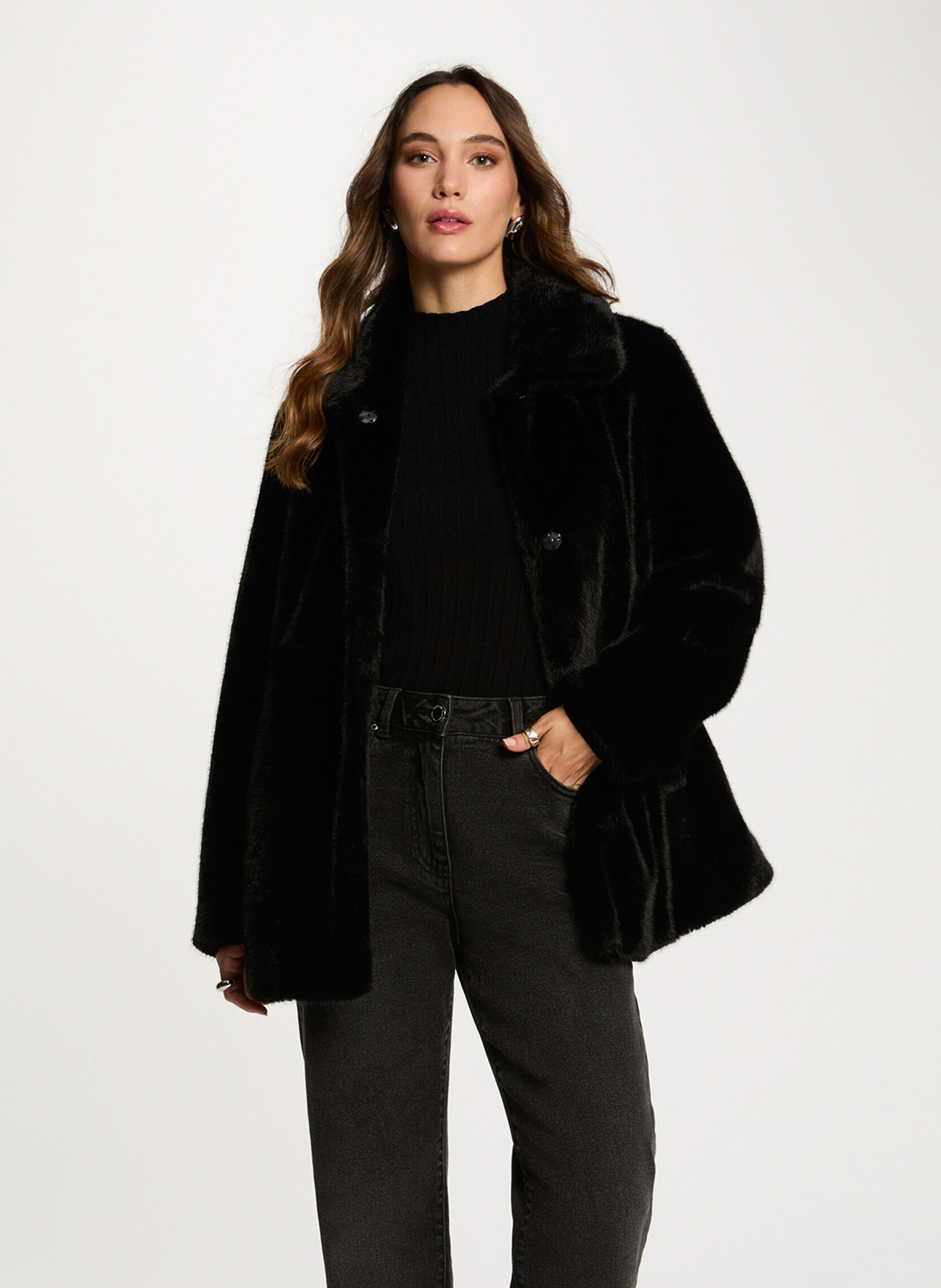 Manteau droit en fausse fourrure unie MORGAN Noir