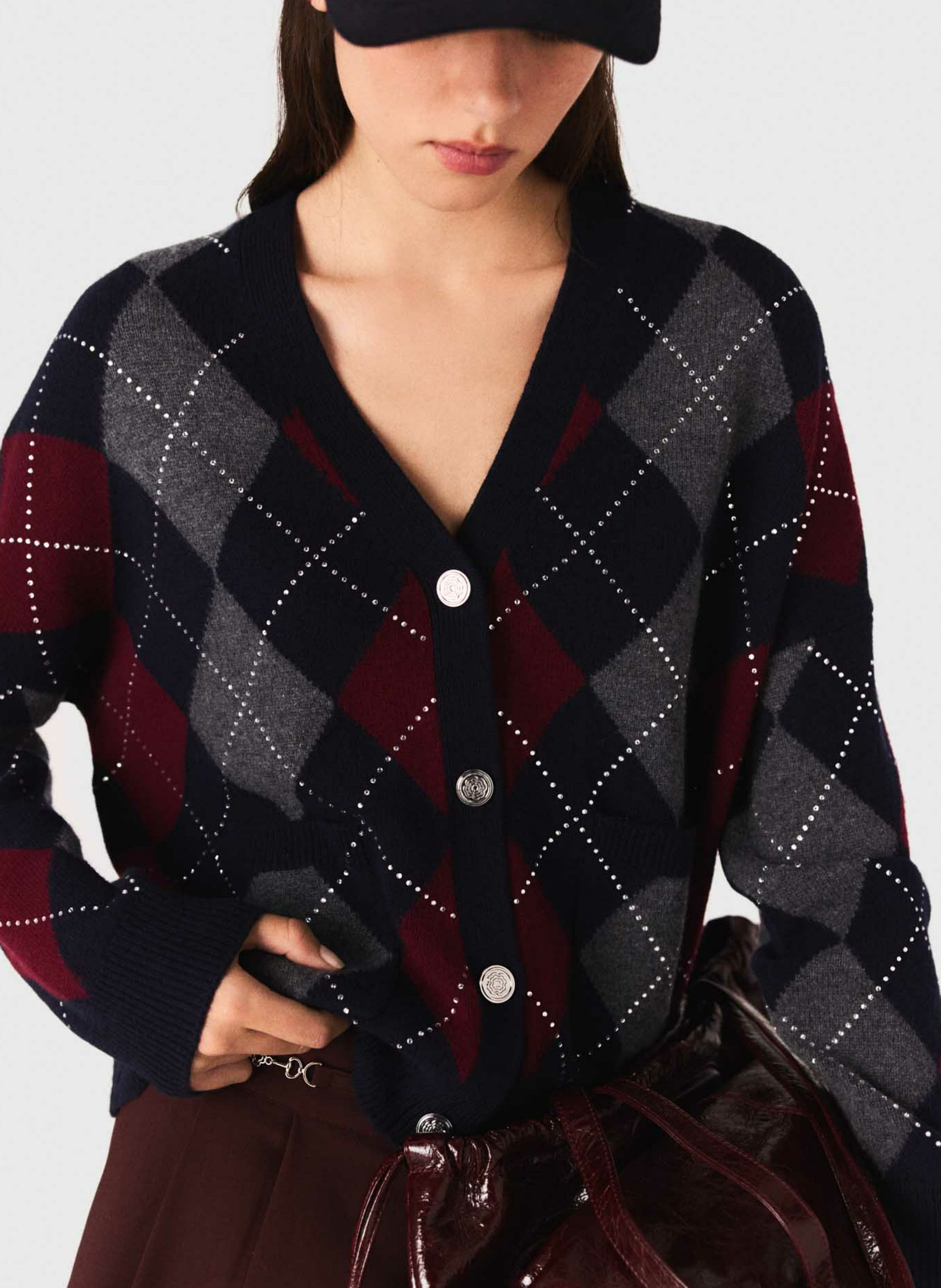 Gilet col v jacquard en laine MAJE Bleu