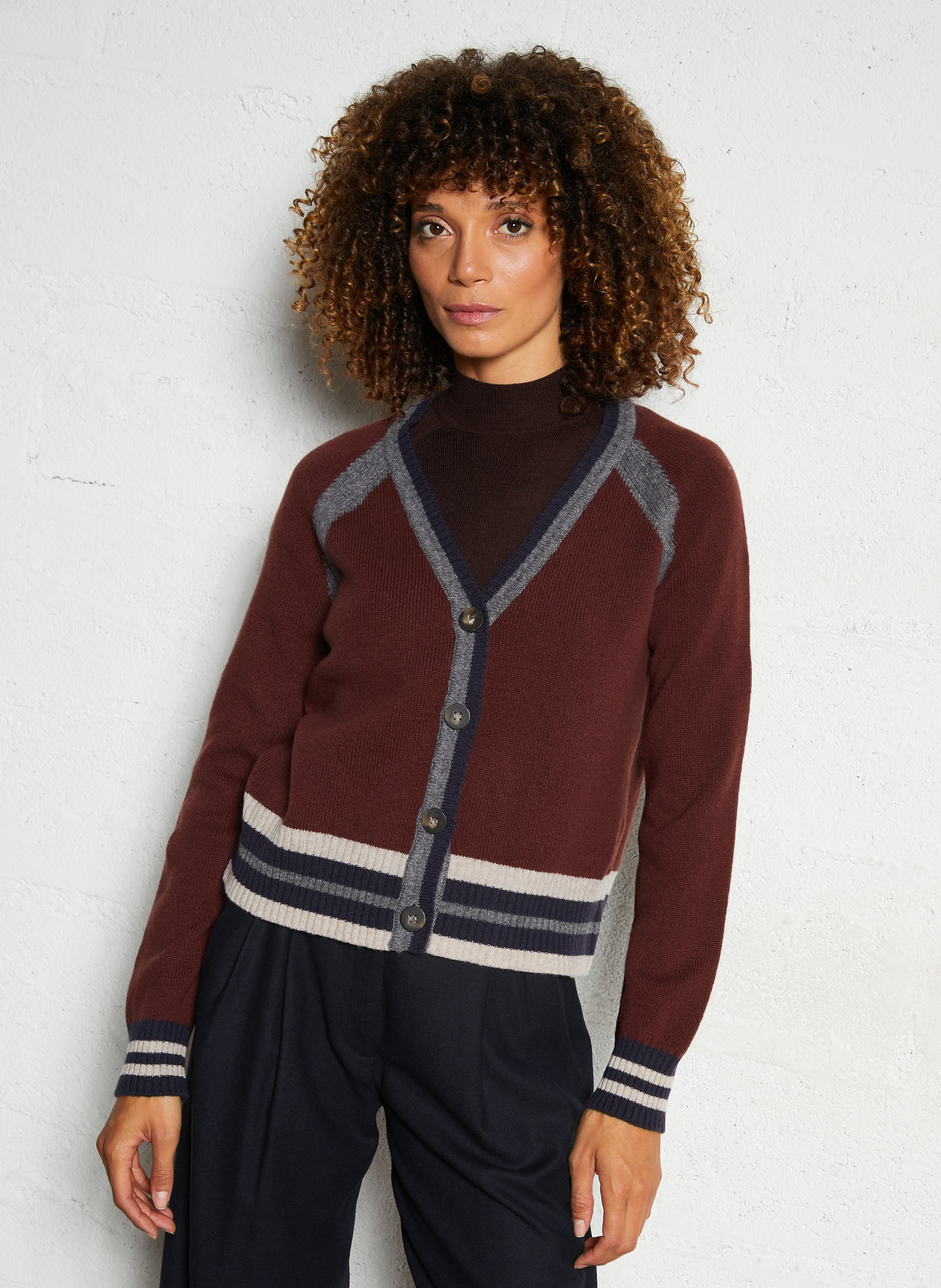 Gilet droit col V rayé en laine mérinos DIEGA Marron