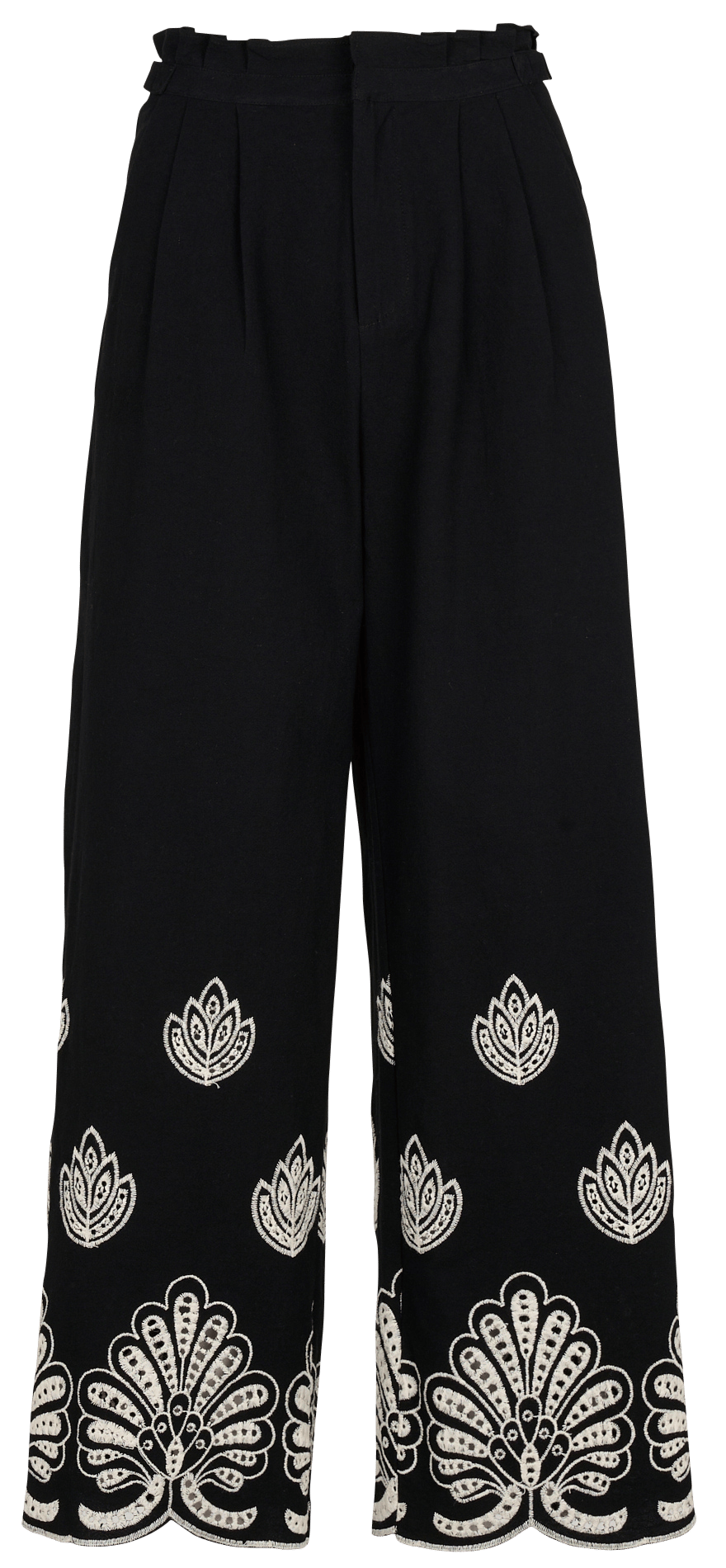 Wide leg 7/8th embroidered pants. THE KORNER Black