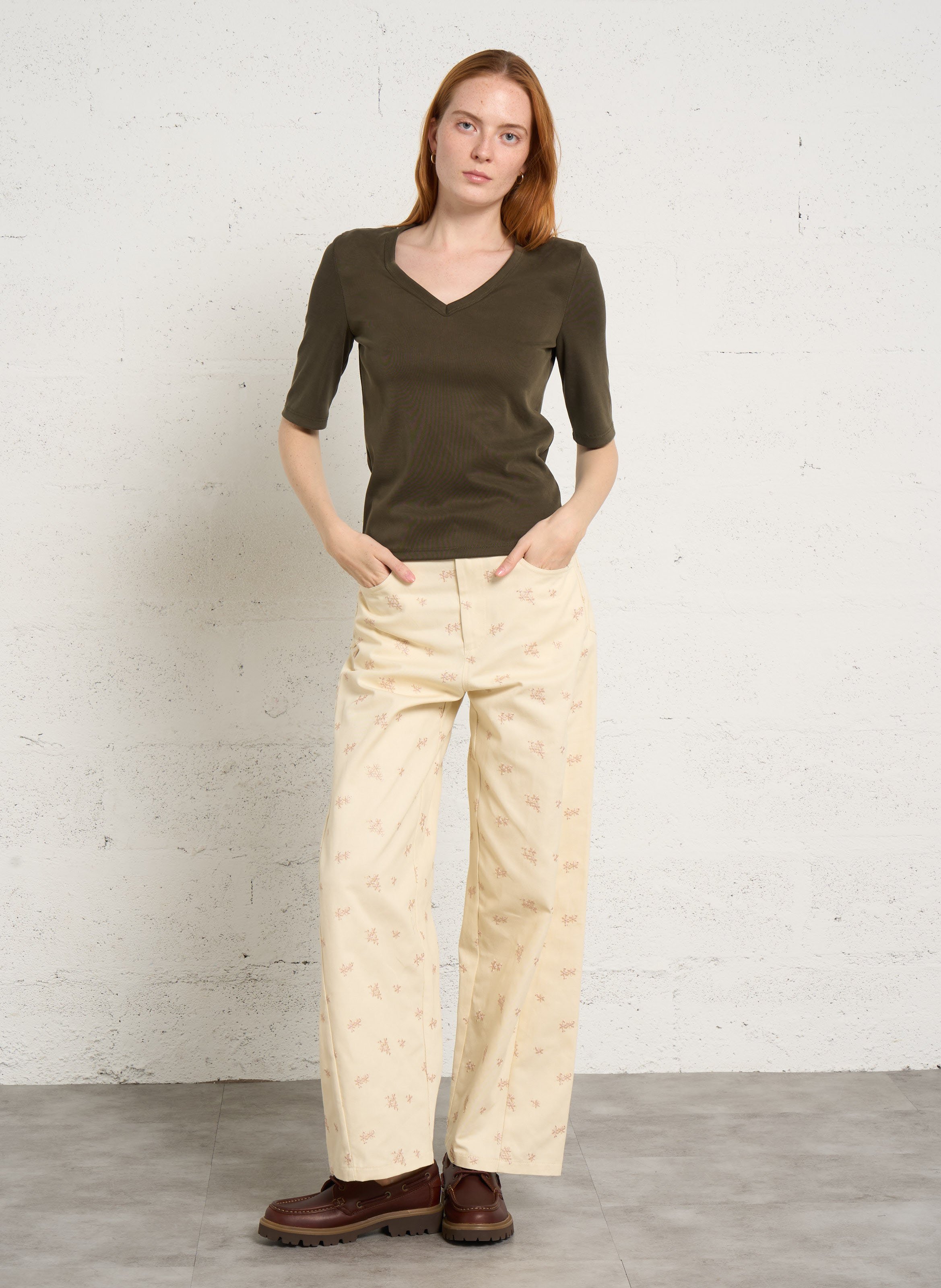 Pantalon large taille haute en coton mélangé IMPERIAL Beige