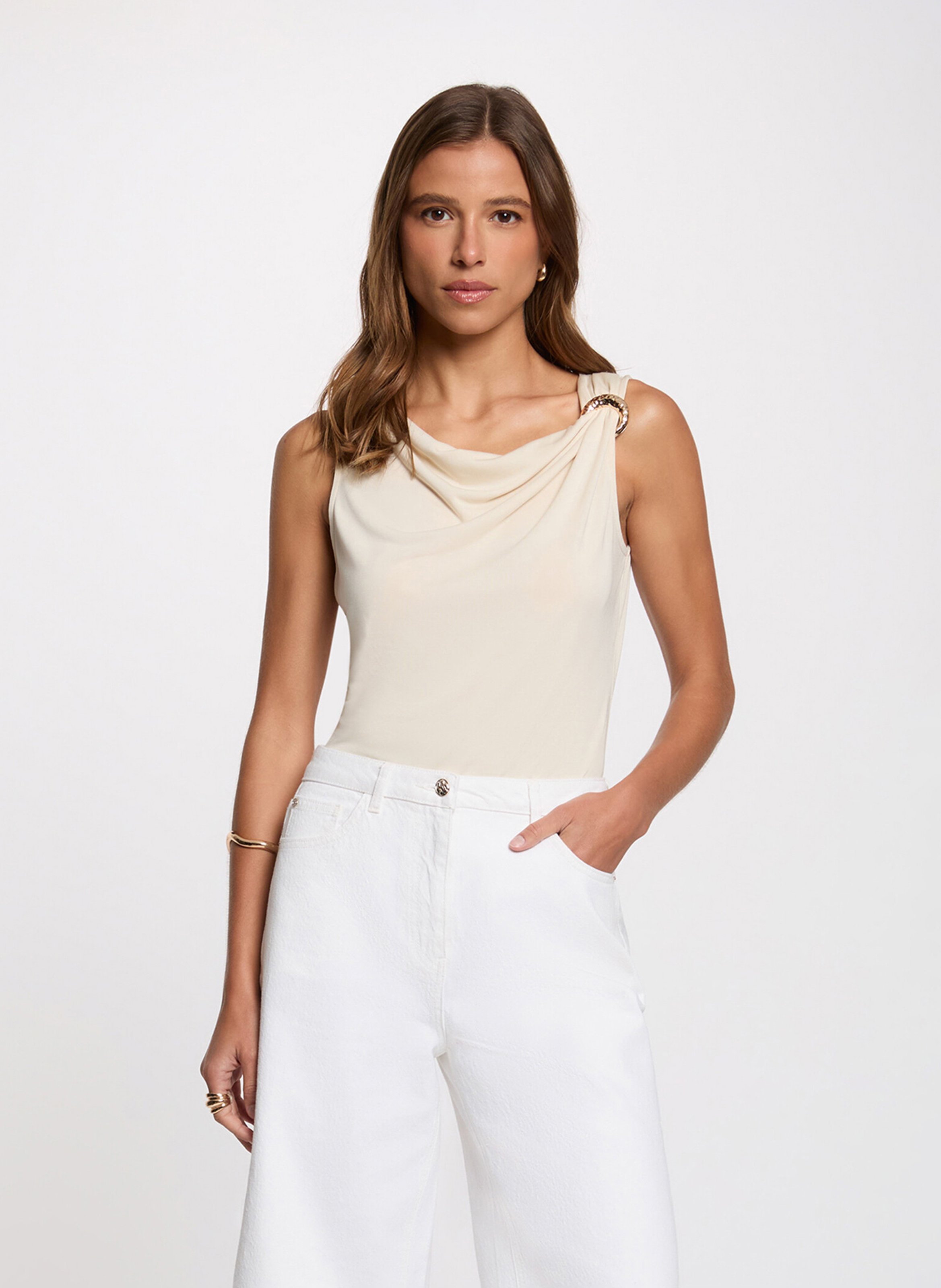 Mouwloze effen gedrapeerde top MORGAN Beige