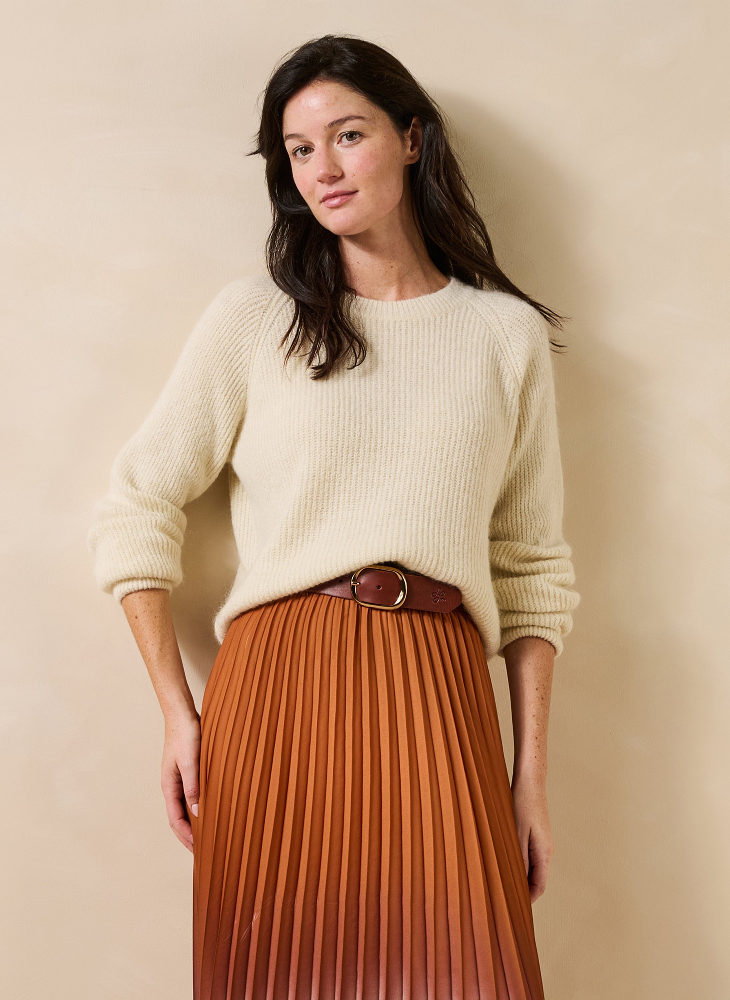 Round-neck mixed-knit straight sweater LA FEE MARABOUTEE White