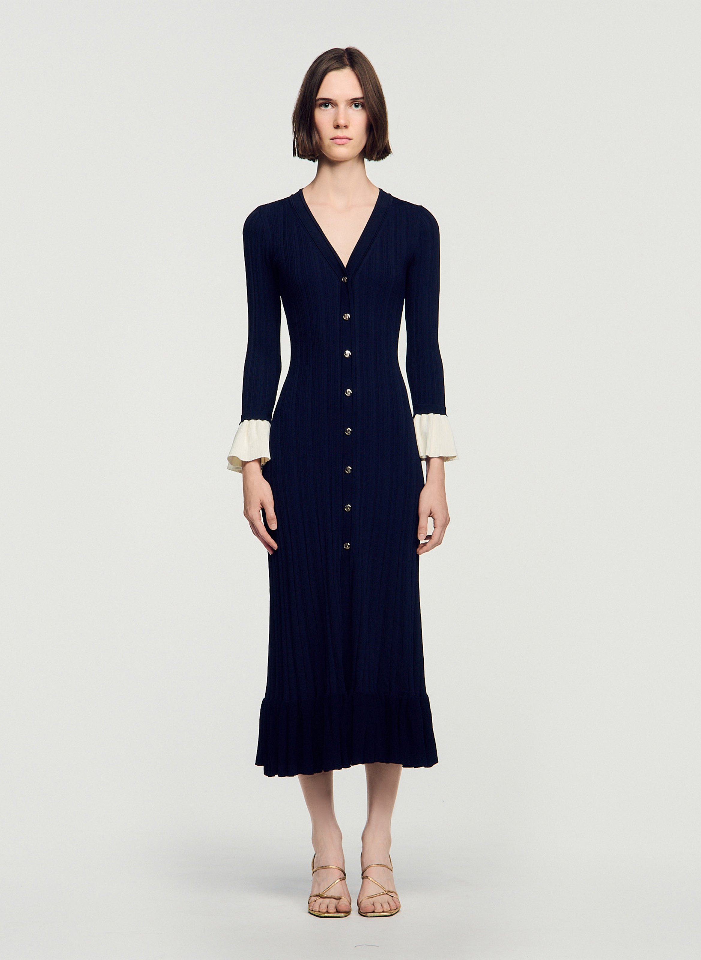 Robe longue moulante col V SANDRO Bleu