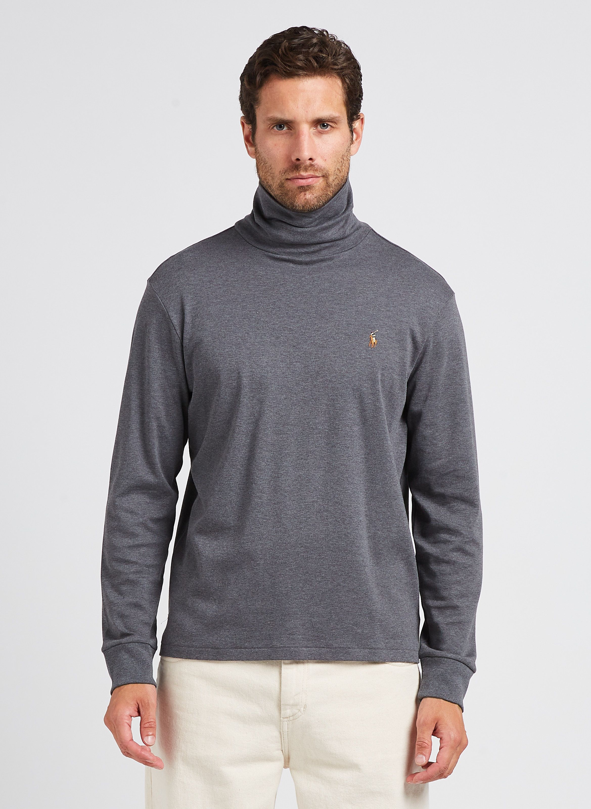 Grey High neck sweater in embroidered cotton