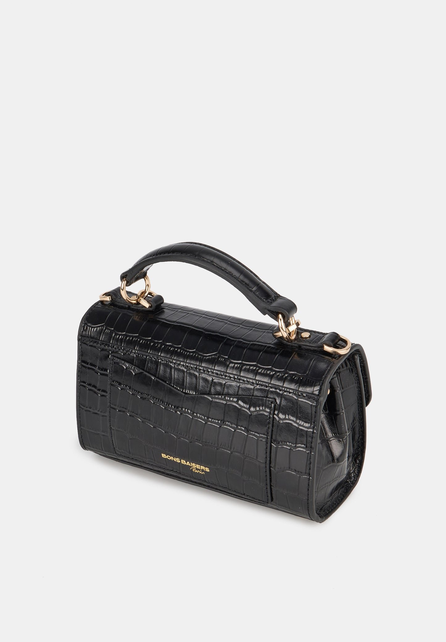 Small Croco Leather Satchel Bag BONS BAISERS PARIS Black