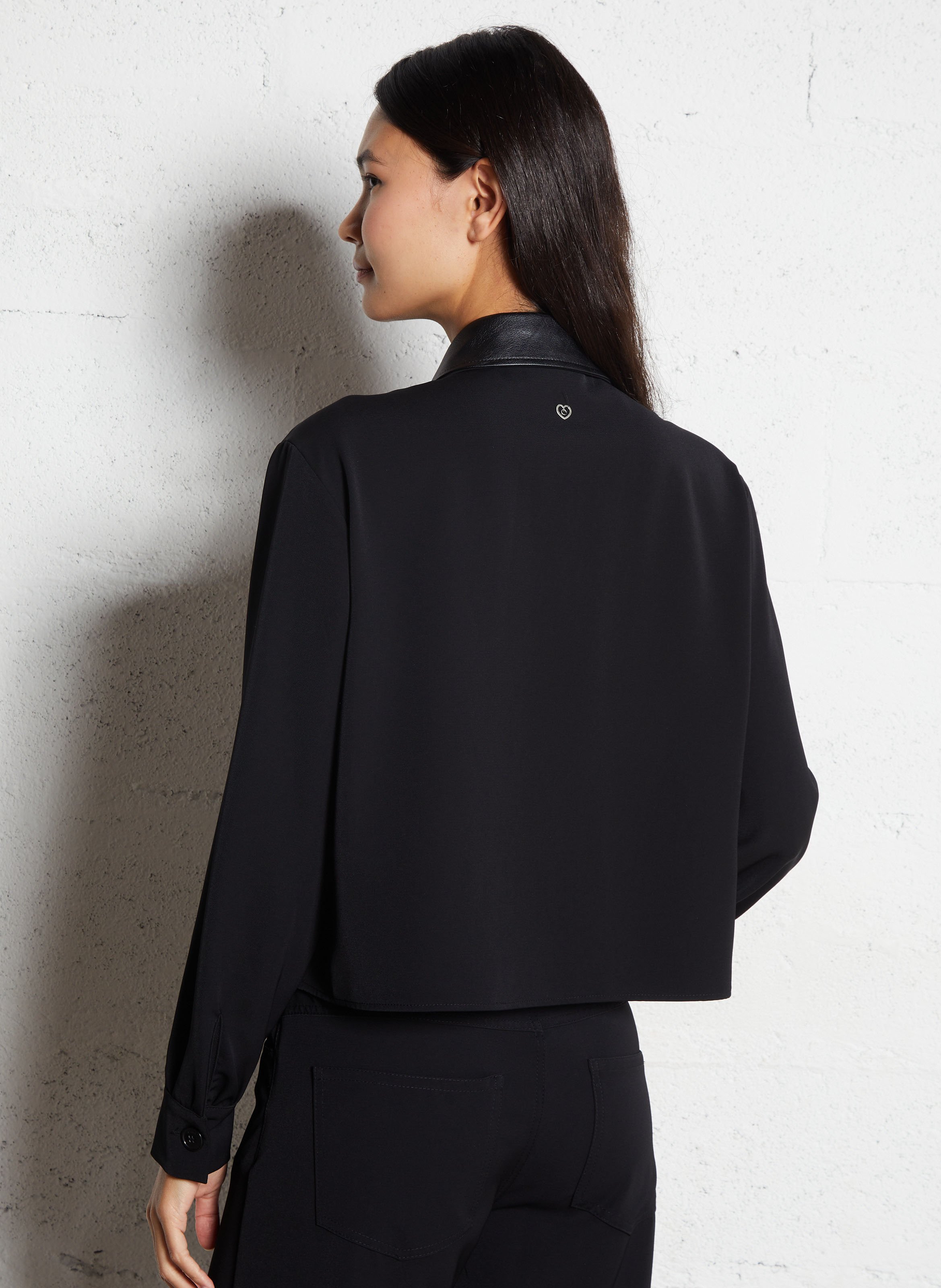 Short solid color jacket with faux leather details PLEASE Black