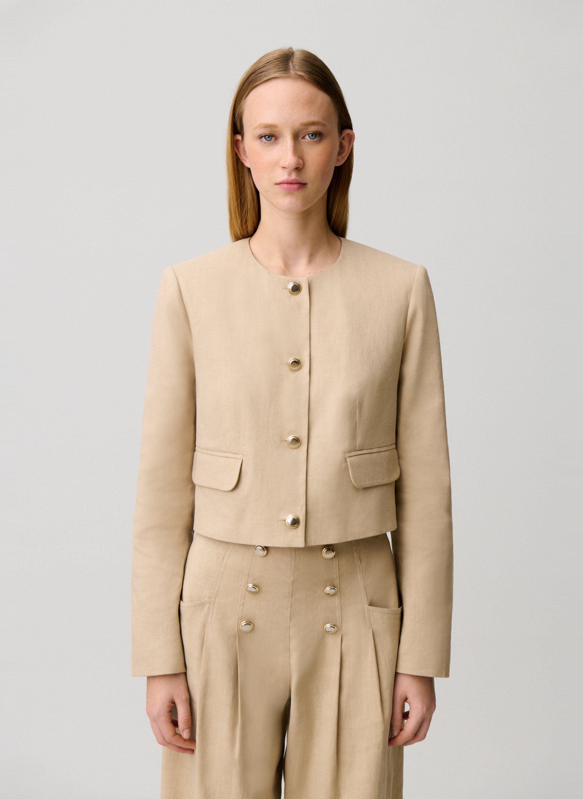 Korte rechte jas van gemengd linnen CLAUDIE PIERLOT Beige