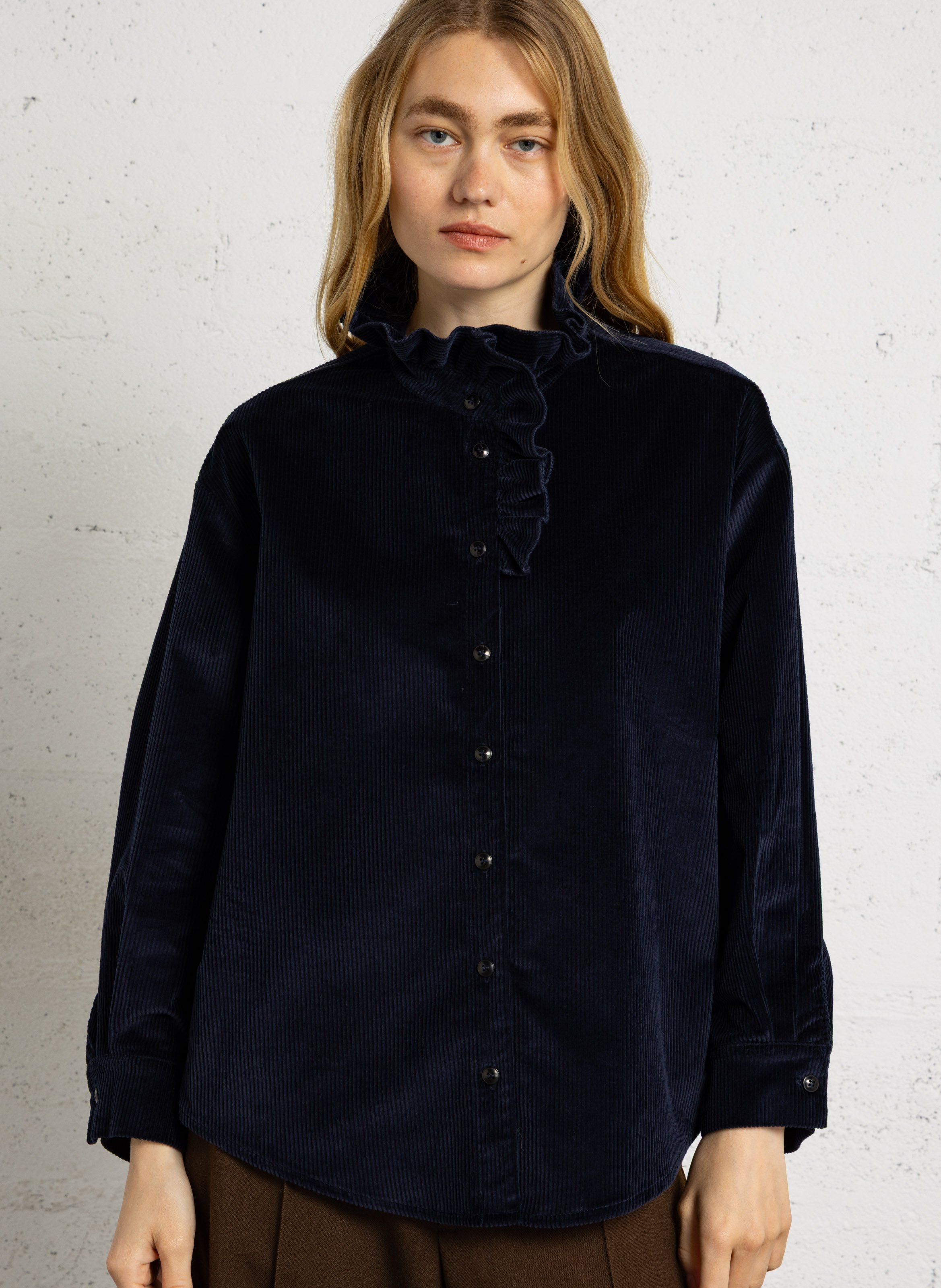 Loose-fitting cotton-blend shirt with high collar SUZIE WINKLE Blue