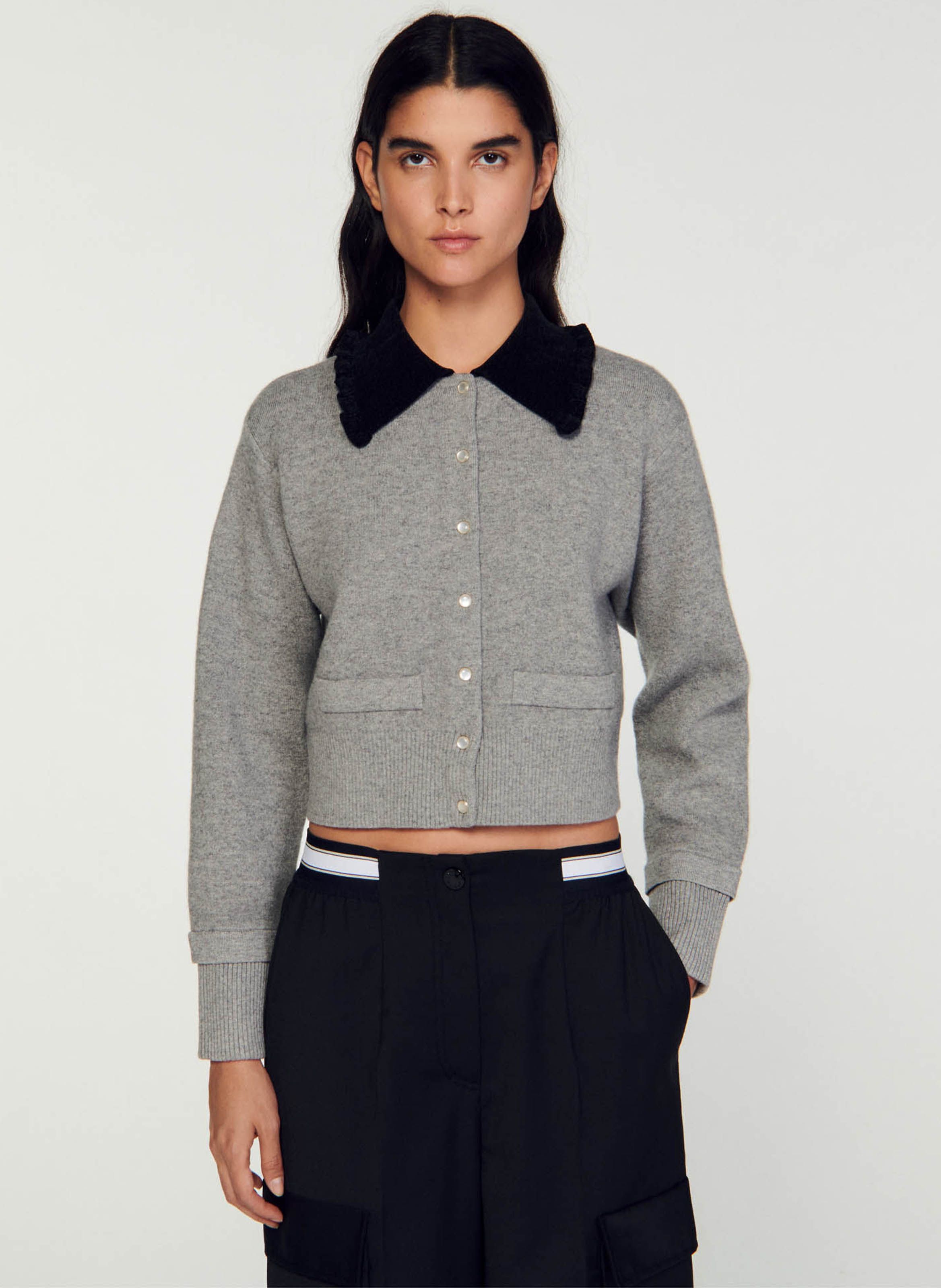 Shirt collar Cropped Cardigan Gris Sandro Women Place des