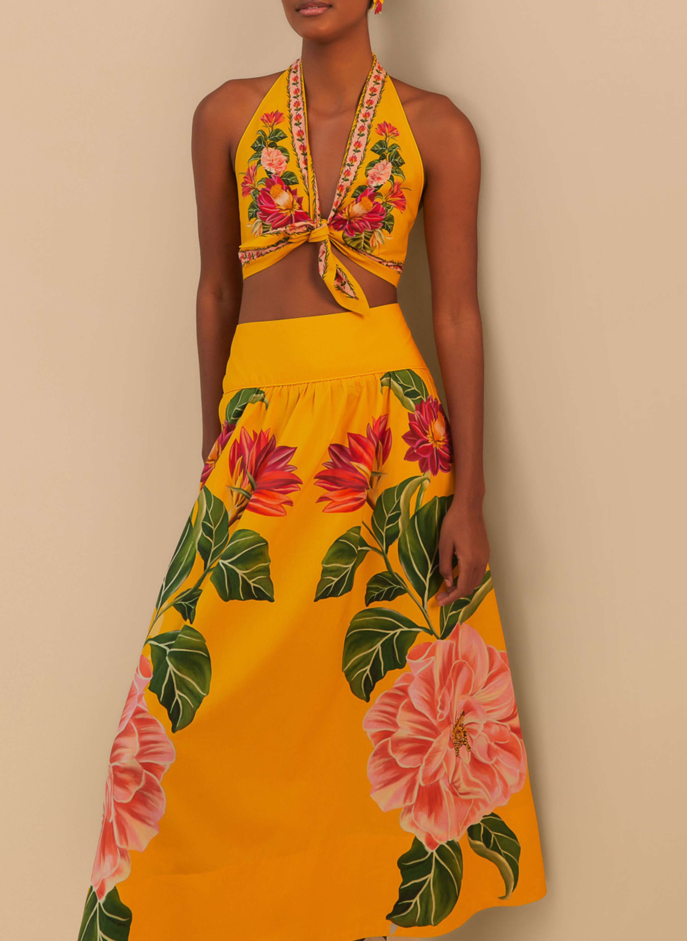 Bedruckter Midirock aus Baumwolle FARM RIO Gelb