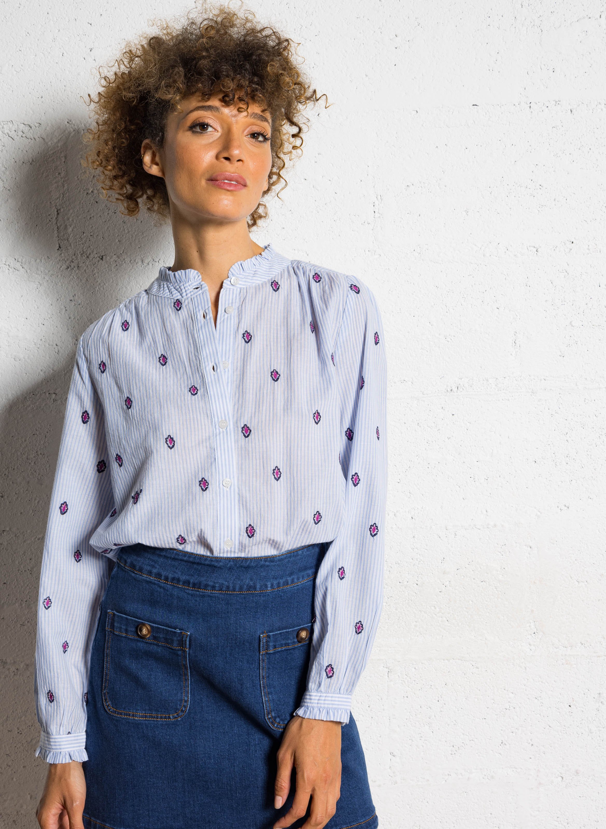 Blouse droite rayée à broderies LA PETITE ETOILE Bleu