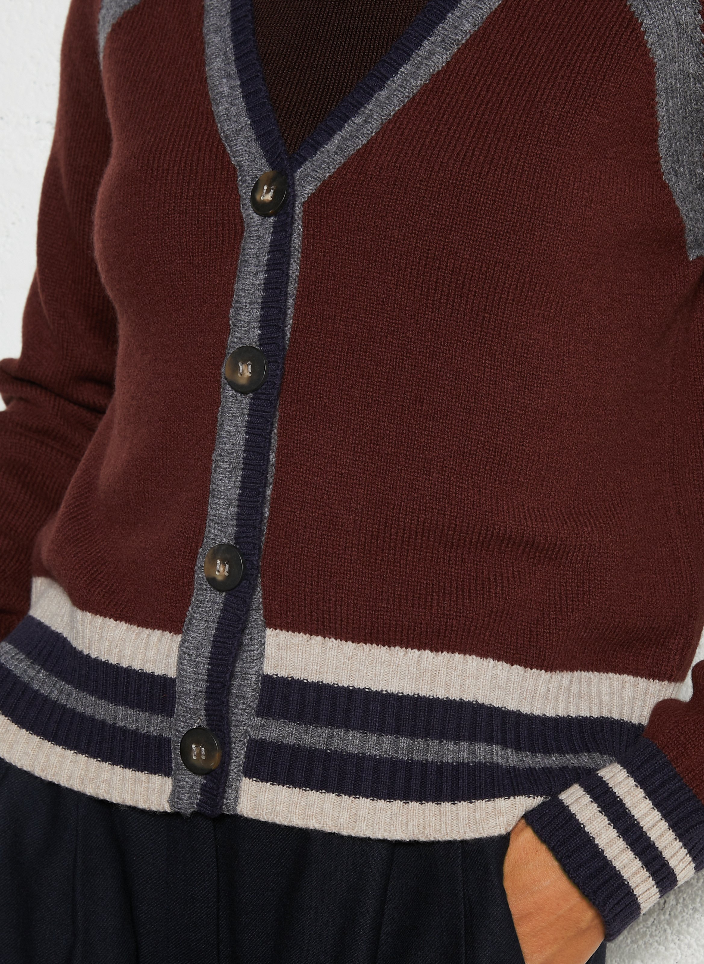 Gilet droit col V rayé en laine mérinos DIEGA Marron