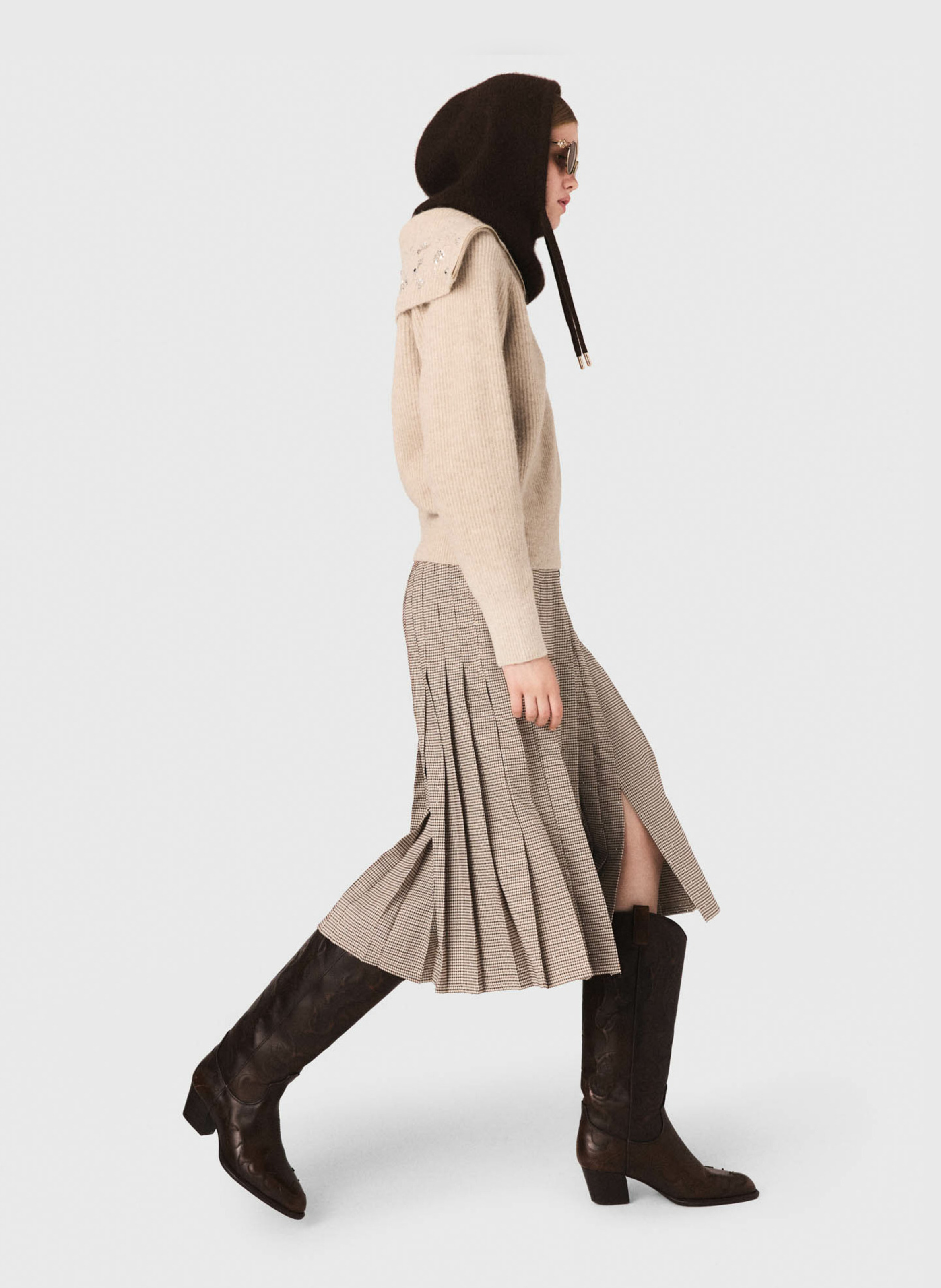 Pull droit col rabattu en maille MAJE Beige