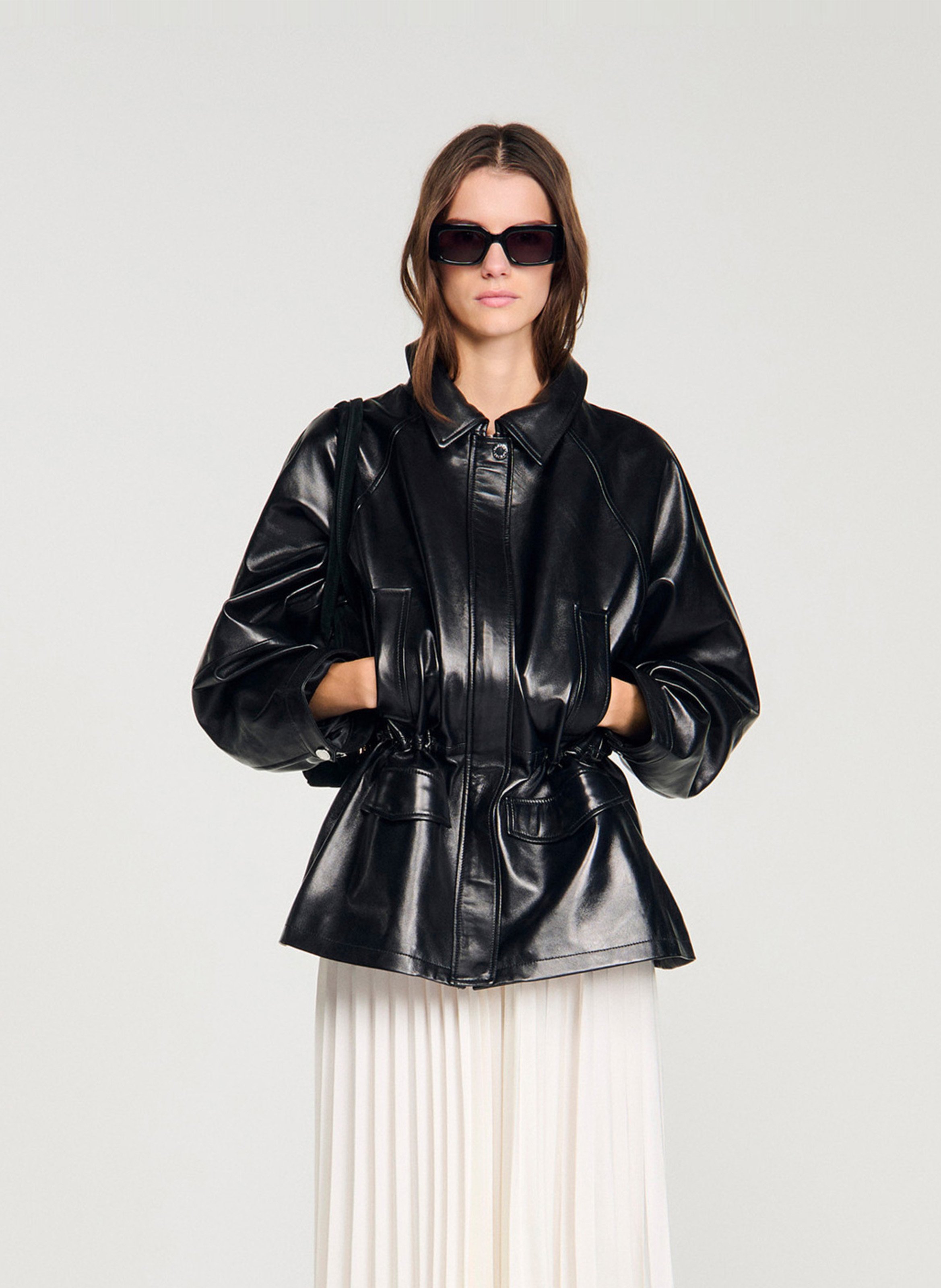 Lamsleren jack met klassieke kraag SANDRO Zwart