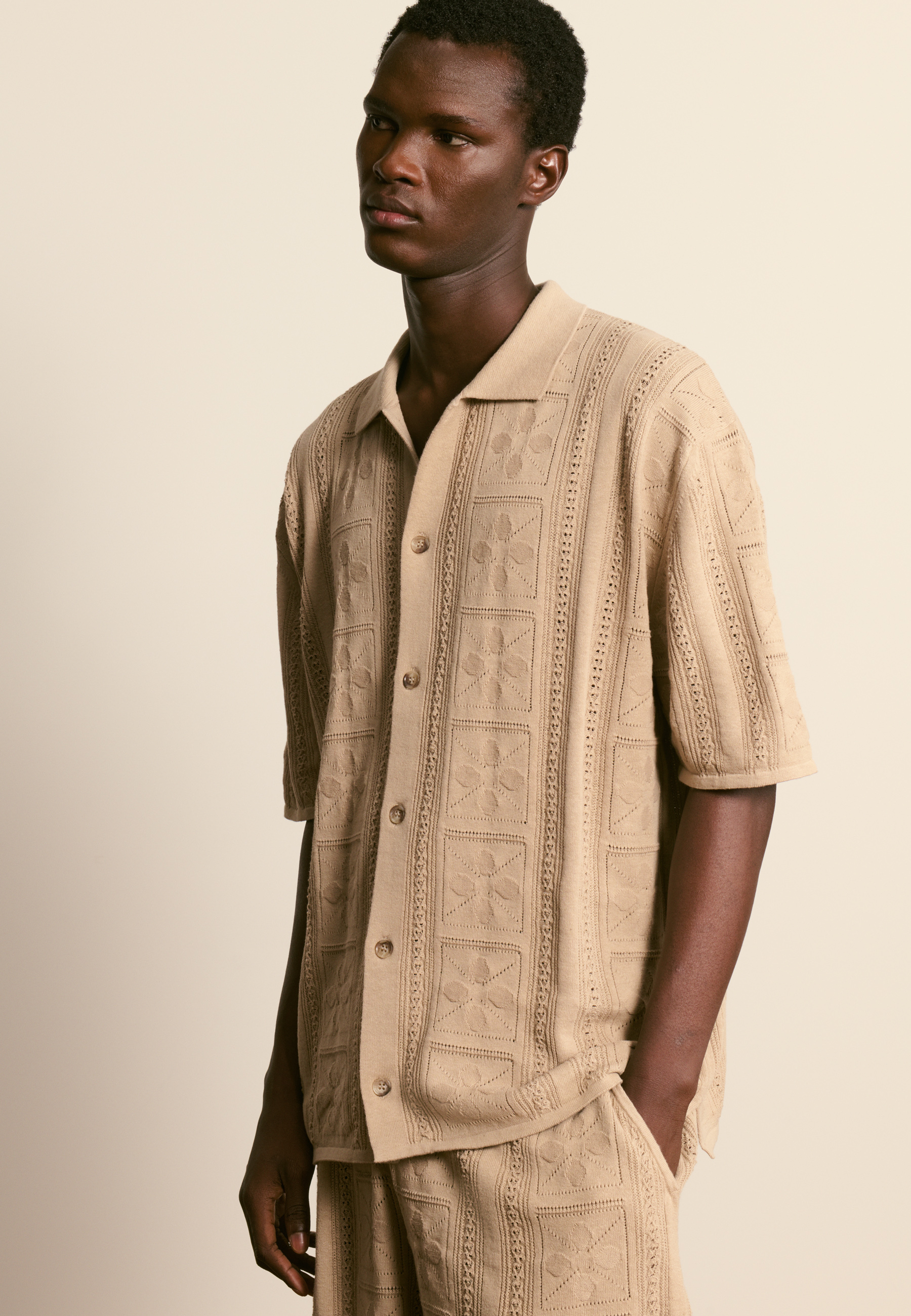 Chemise manches courtes en coton ajourée MAISON MONTAGUT Marron