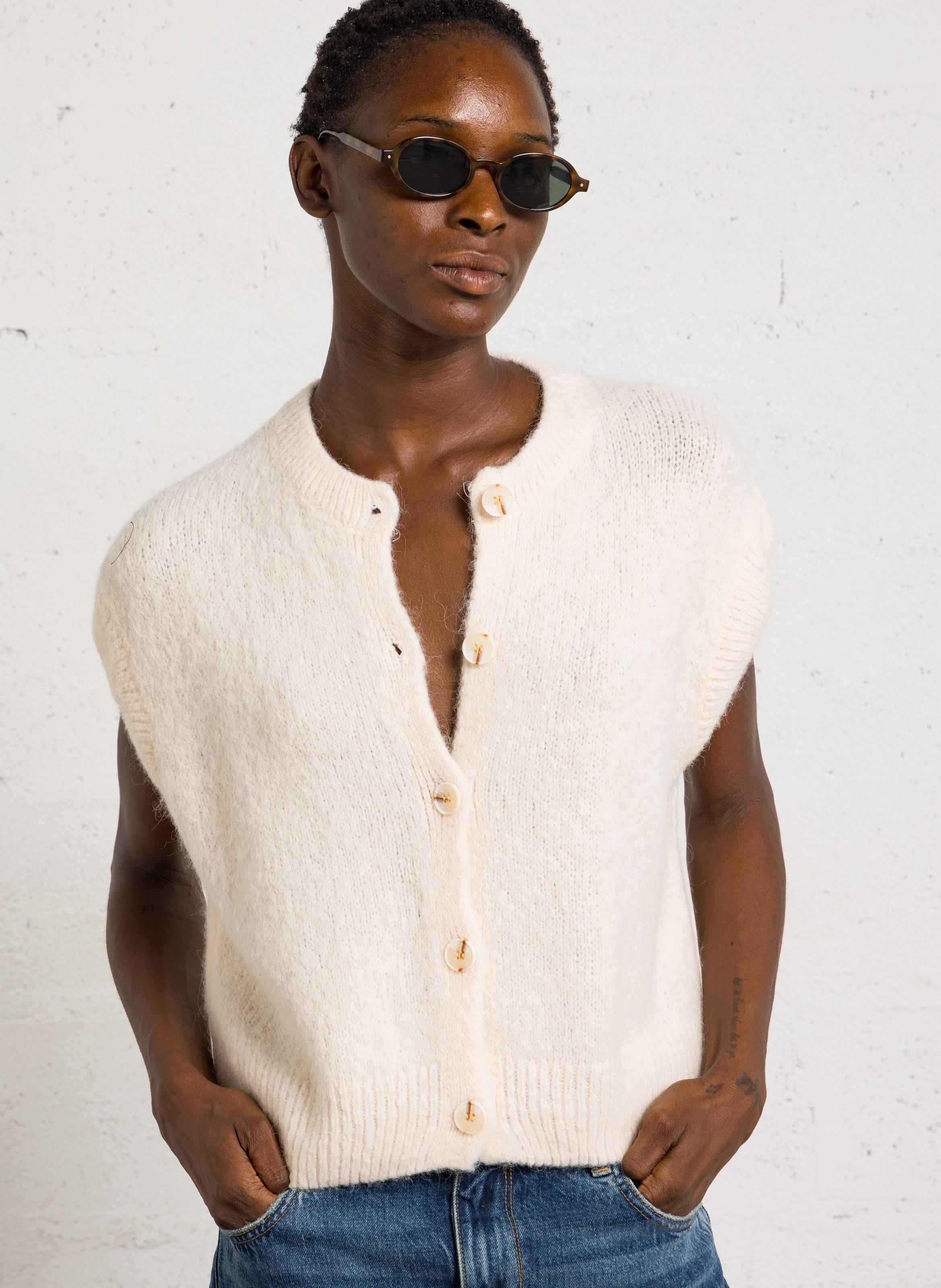 Gilet sans manches ample col rond en maille mélangée IMPERIAL Beige