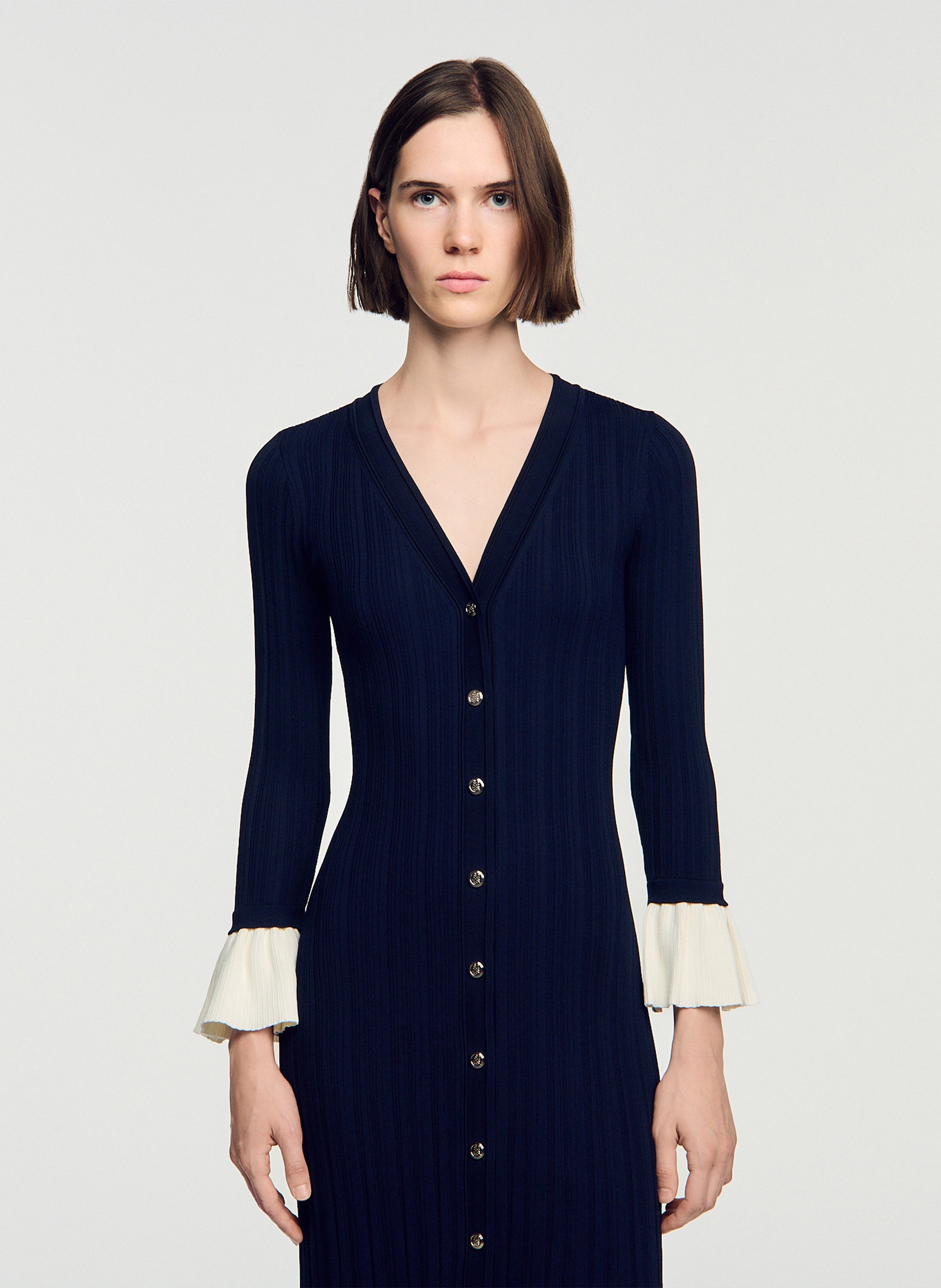 Robe longue moulante col V SANDRO Bleu