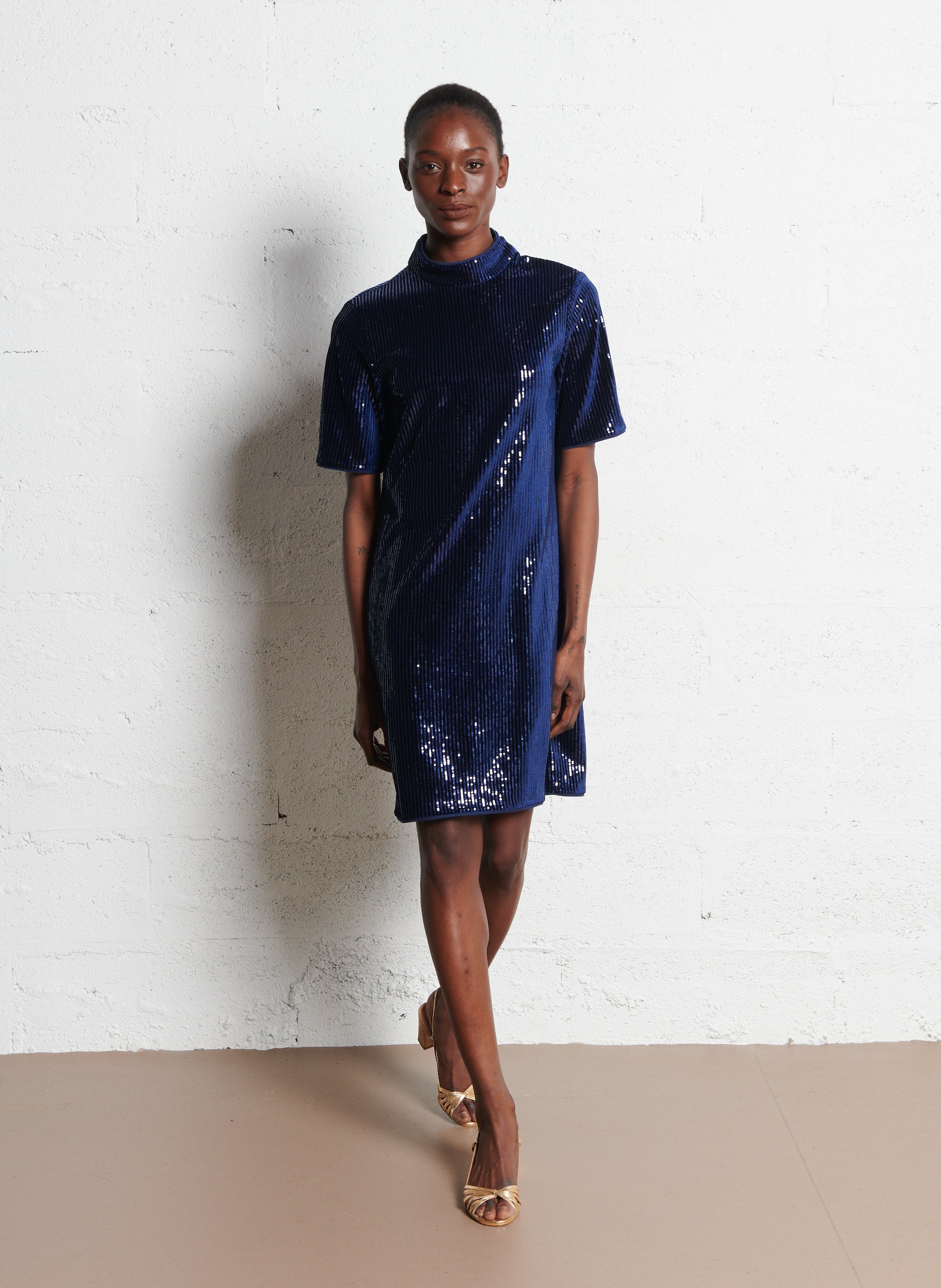Robe courte col montant à sequins  ONE STEP Bleu