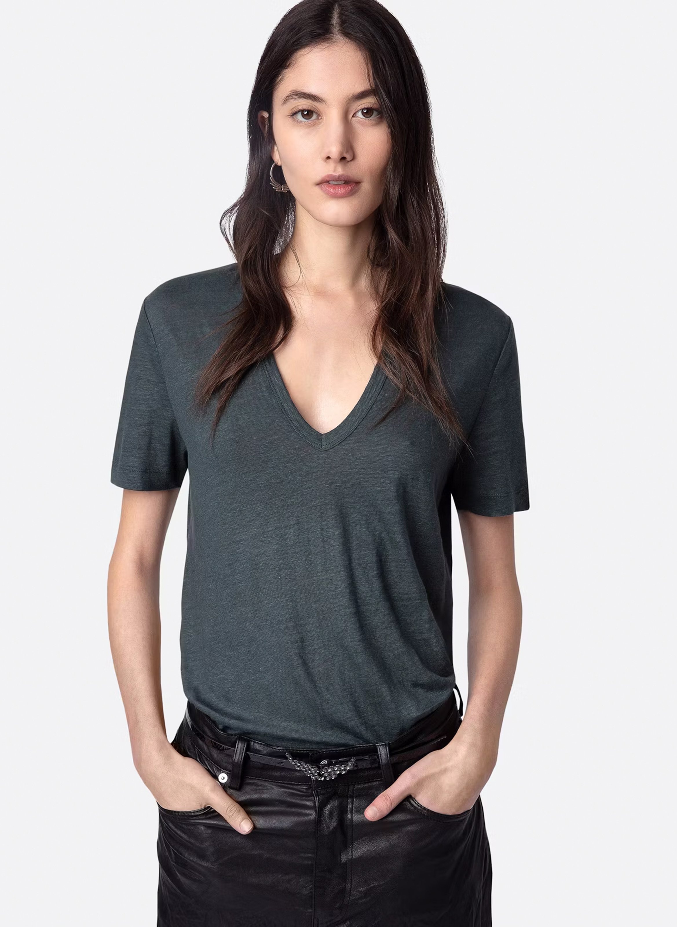 Tee-shirt droit col V en lin ZADIG&VOLTAIRE Vert