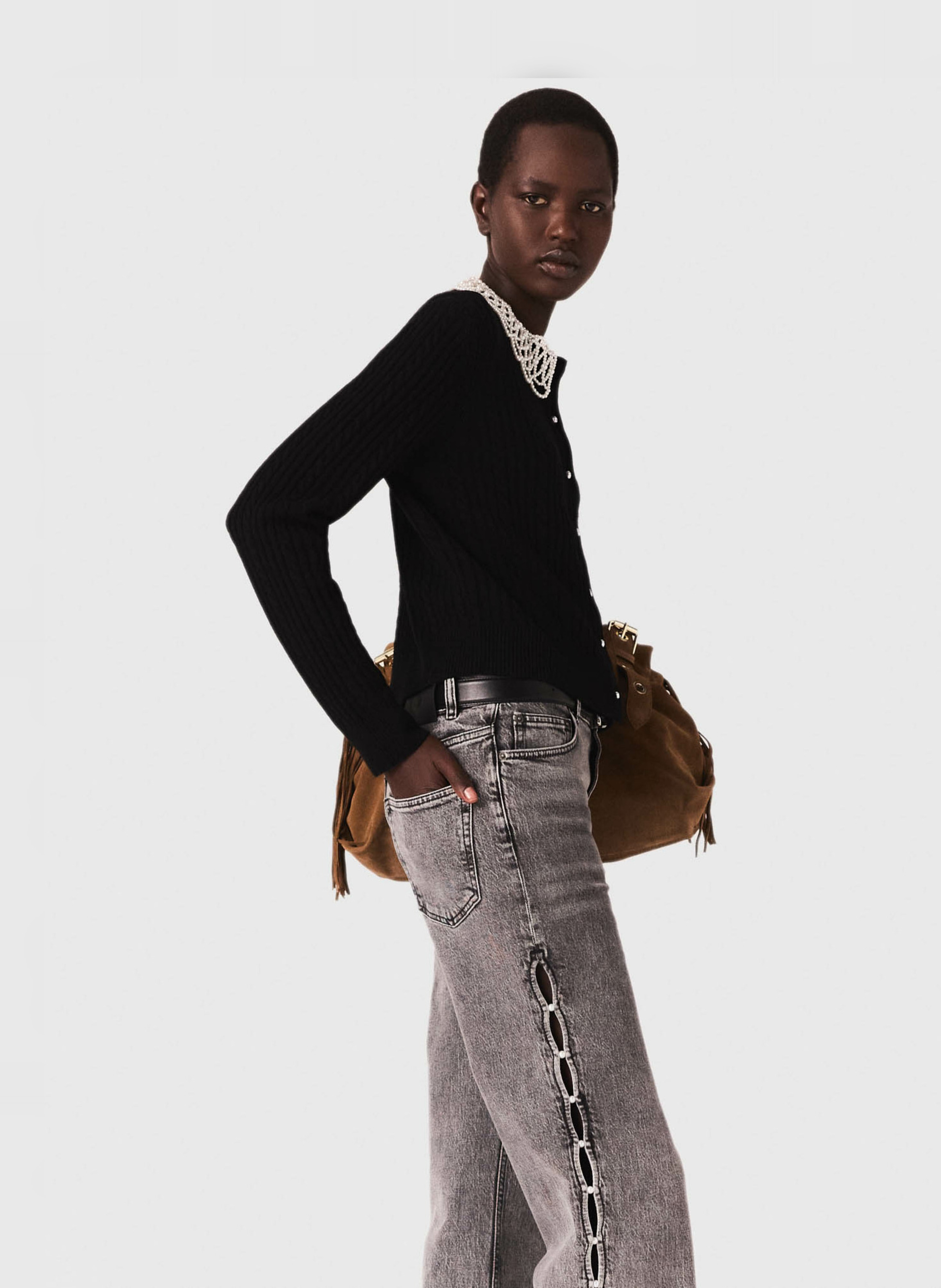 Gilet col rond en laine mélangée MAJE Noir