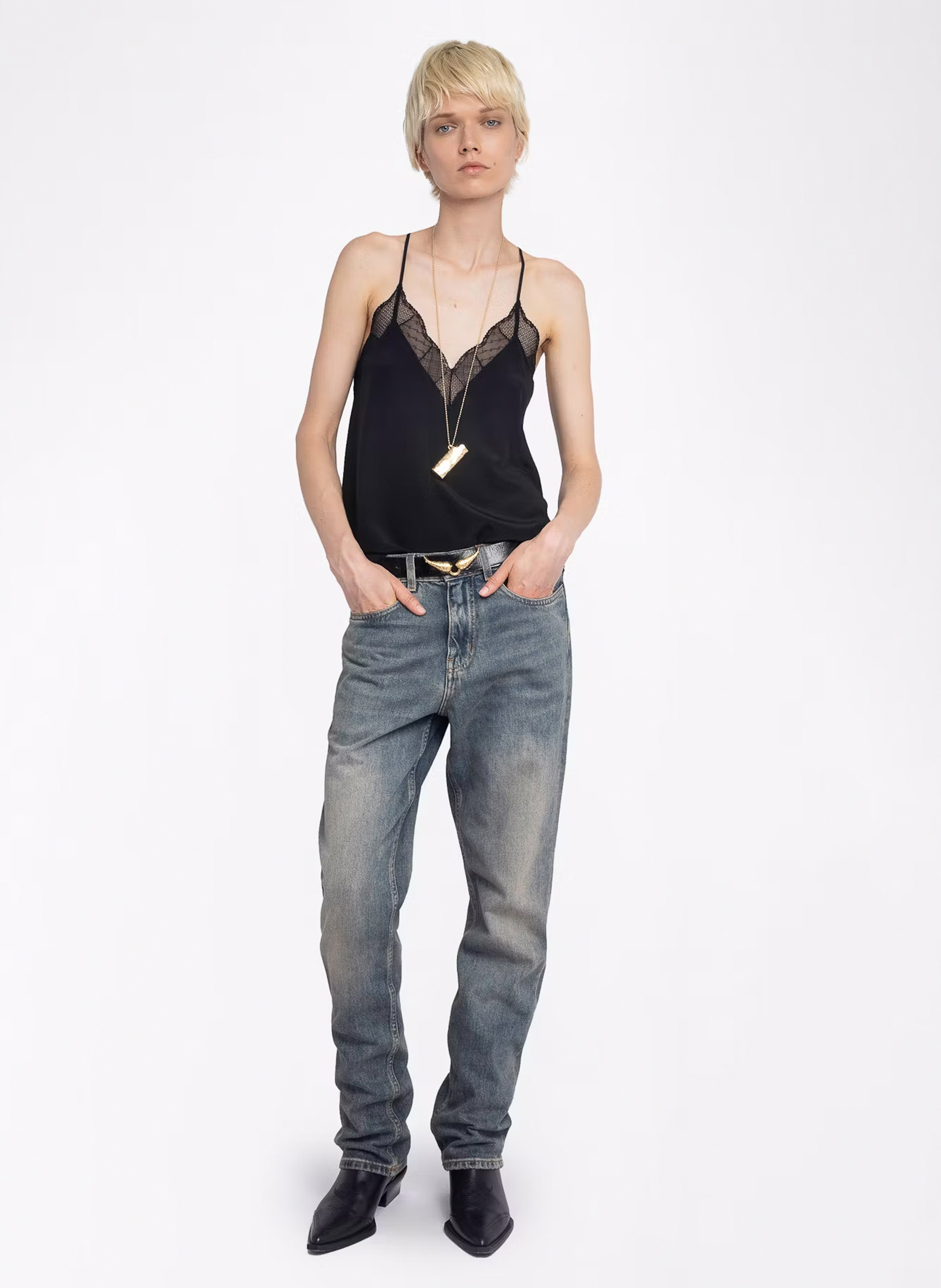 Débardeur uni à dentelle en soie ZADIG&VOLTAIRE Noir