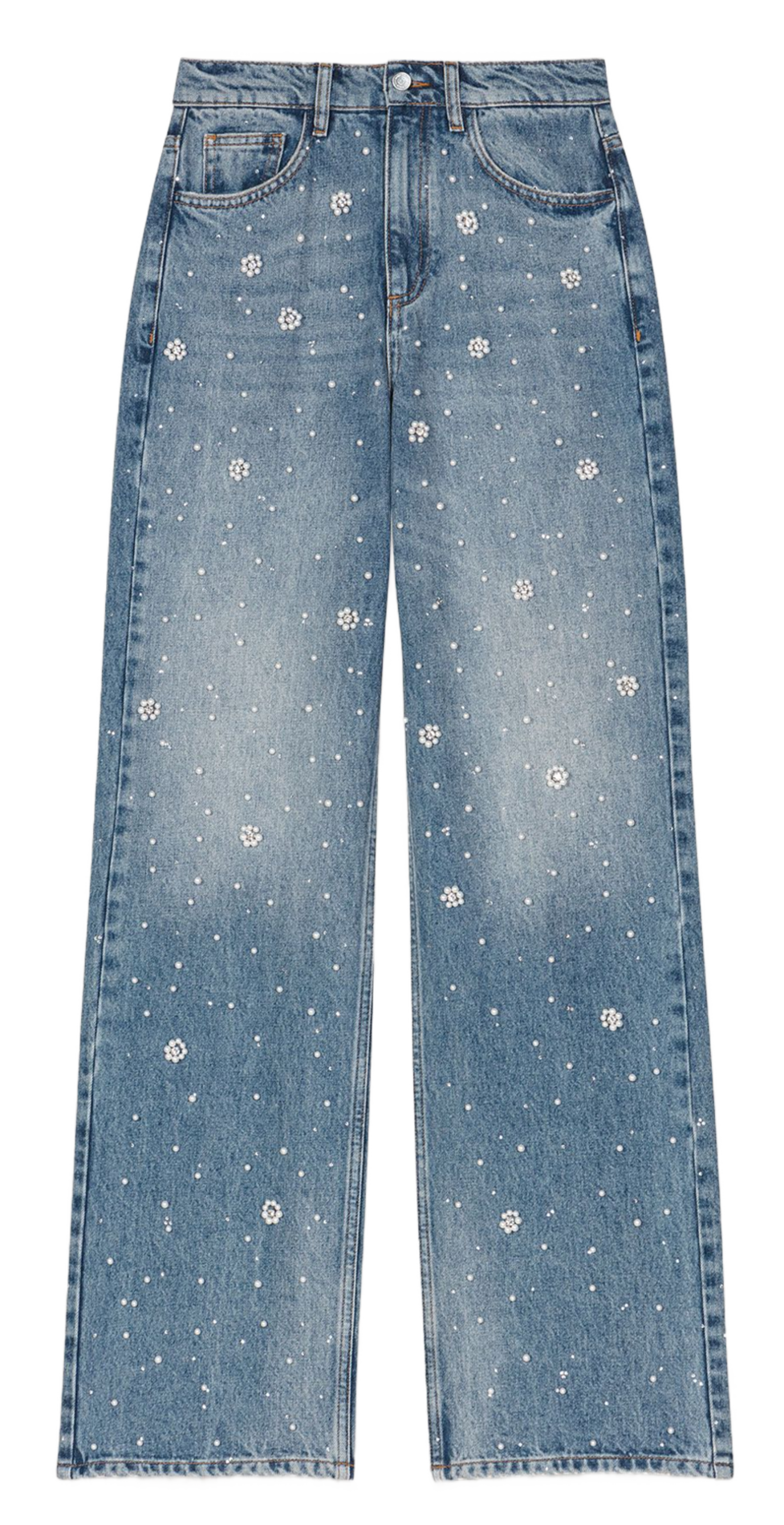 Rechte jeans met hoge taille en bloemenborduursels MAJE Blauw