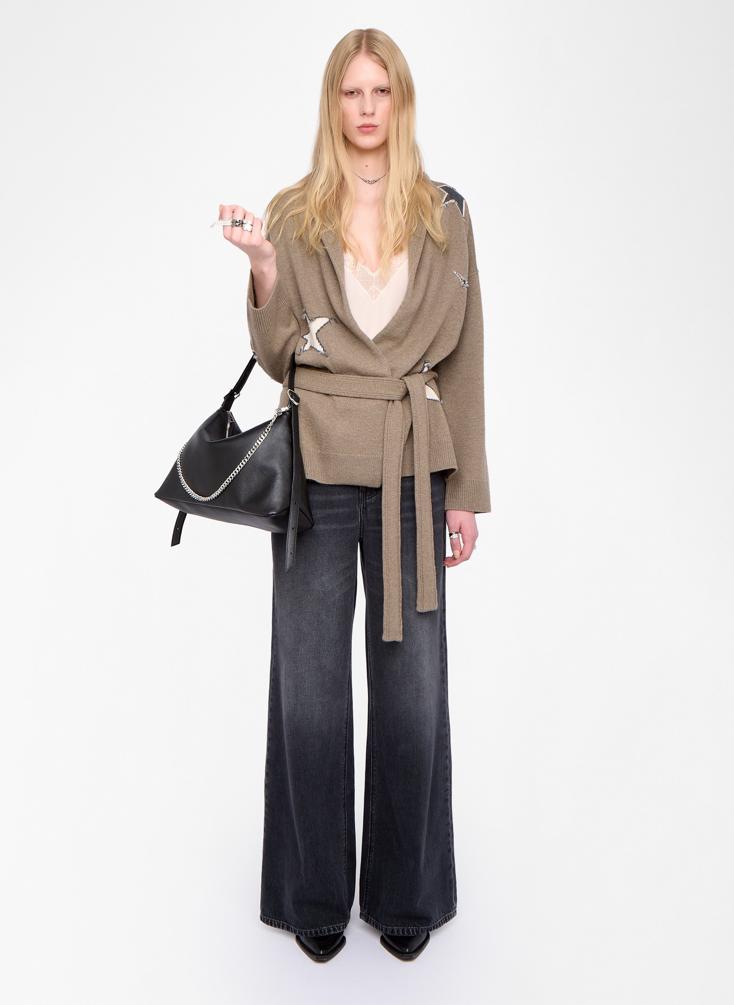 Gestreifte Strickjacke aus Wolle und Kaschmir mit V-Ausschnitt ZADIG&VOLTAIRE Beige