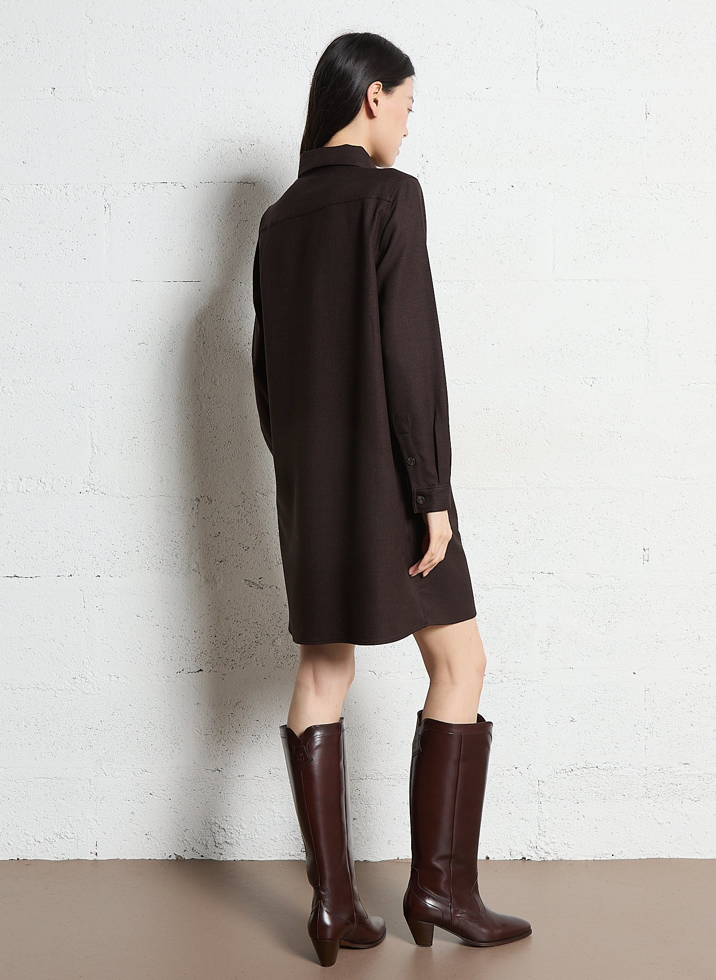 Solid straight dress with buttoned polo collar MAISON 123 Brown