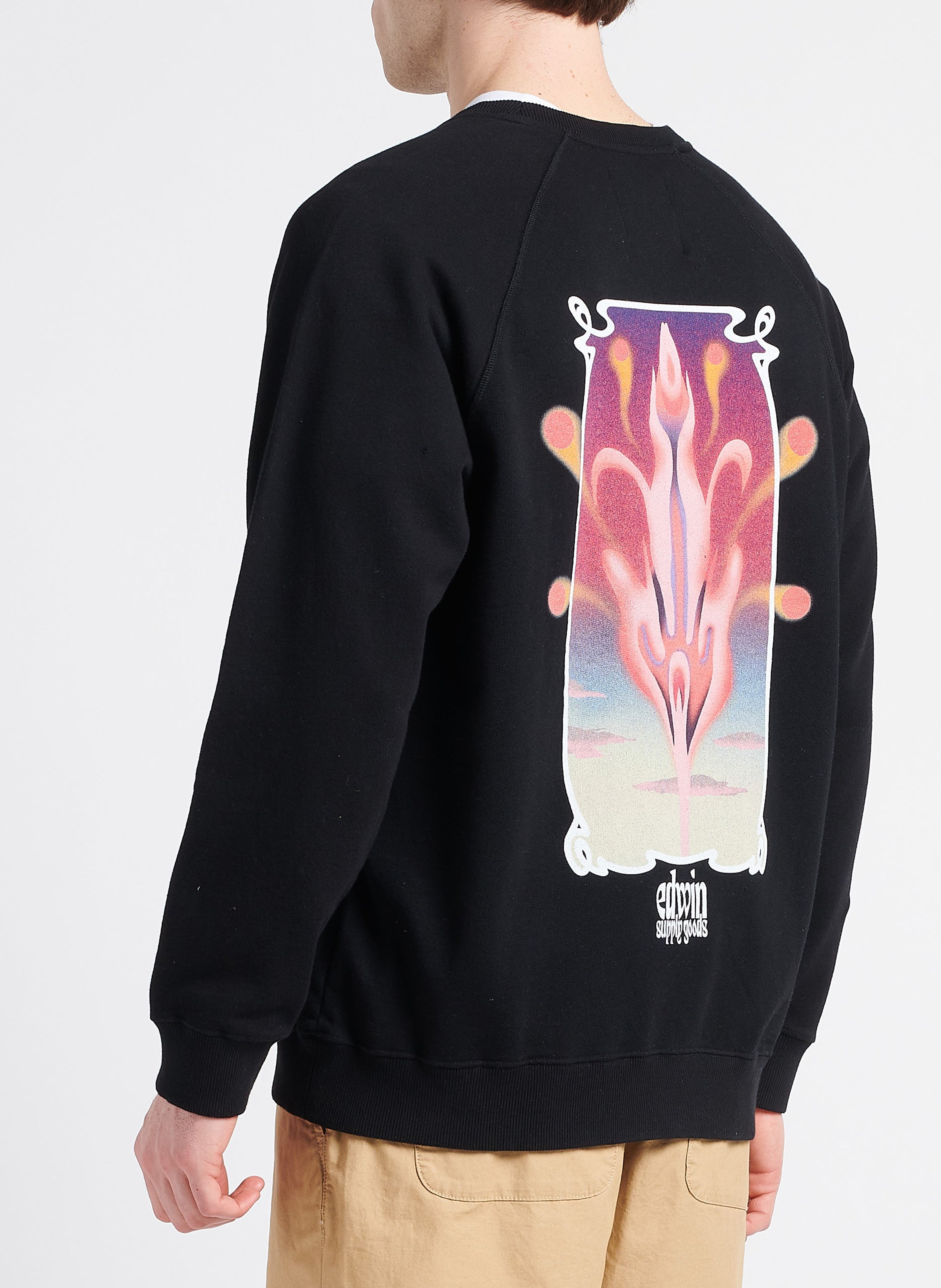 Ruimvallende, katoenen trui met ronde hals en print EDWIN Zwart