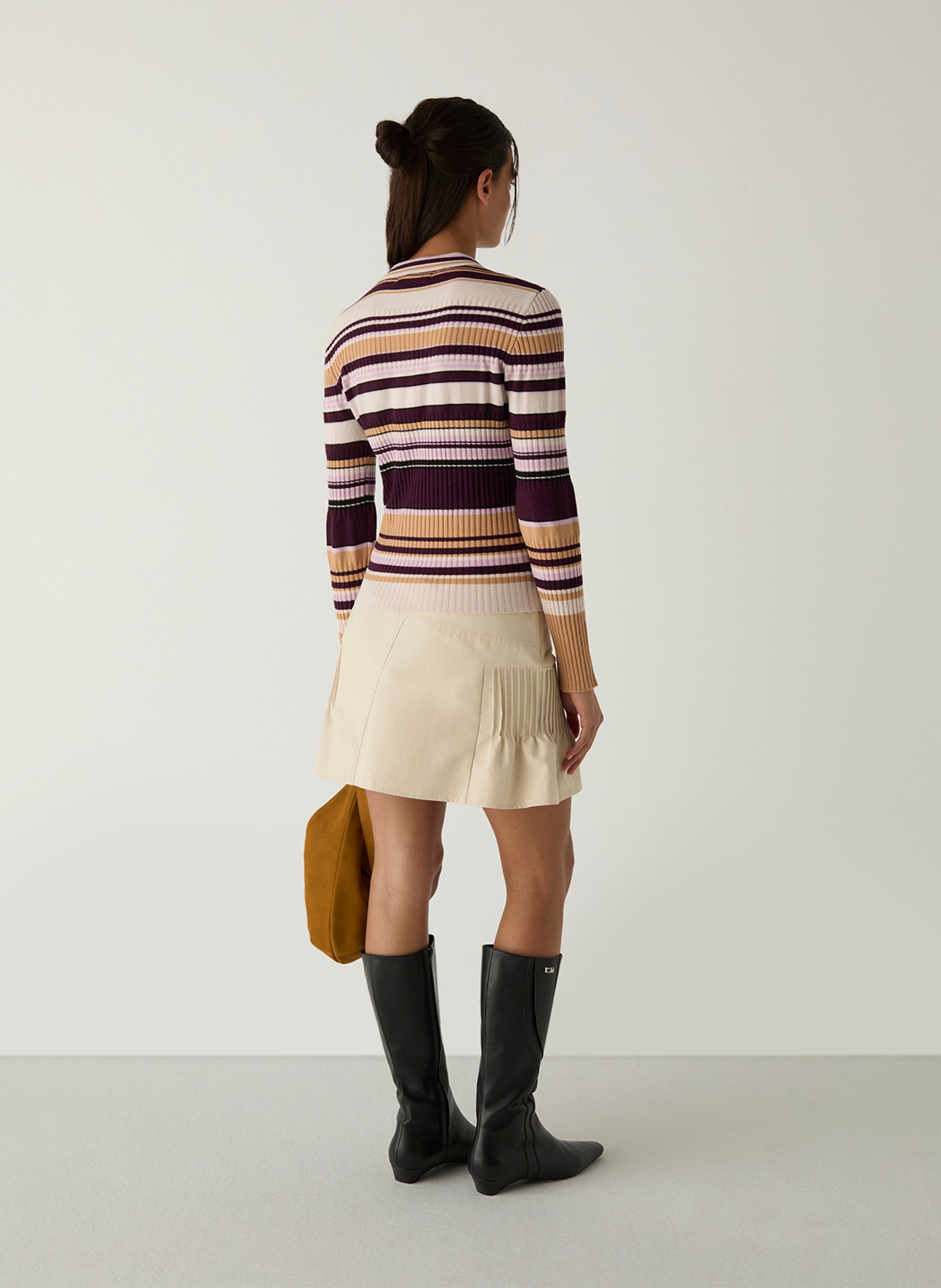 Straight fit polo collar sweater in striped knit. LAAGAM Beige